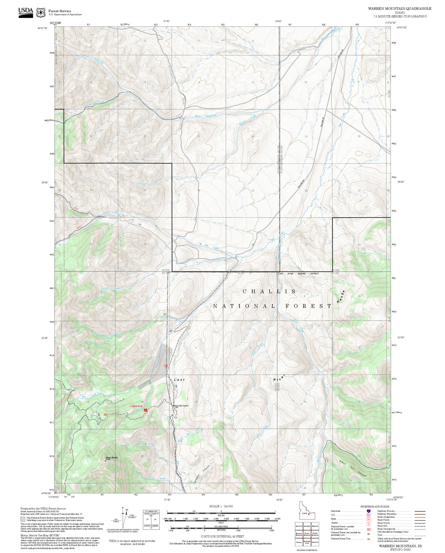 2025 Forest Service Topo Map of Warren Mountain Idaho