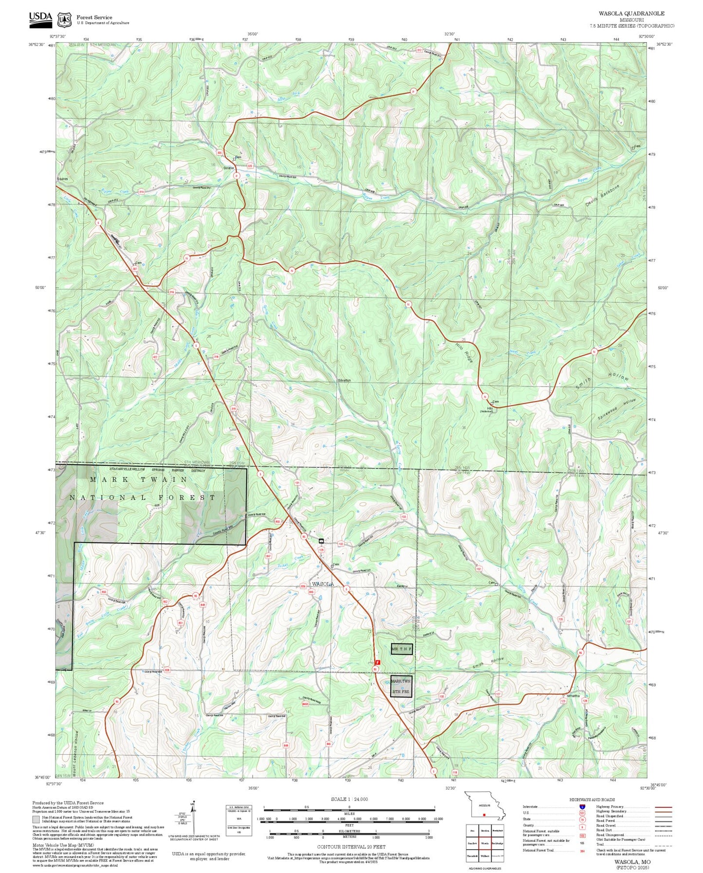 2025 Forest Service Topo Map of Wasola Missouri