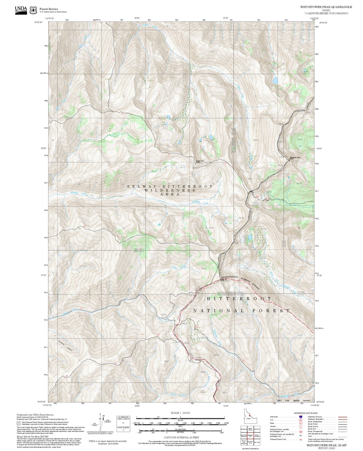 2025 Forest Service Topo Map of Watchtower Peak Idaho