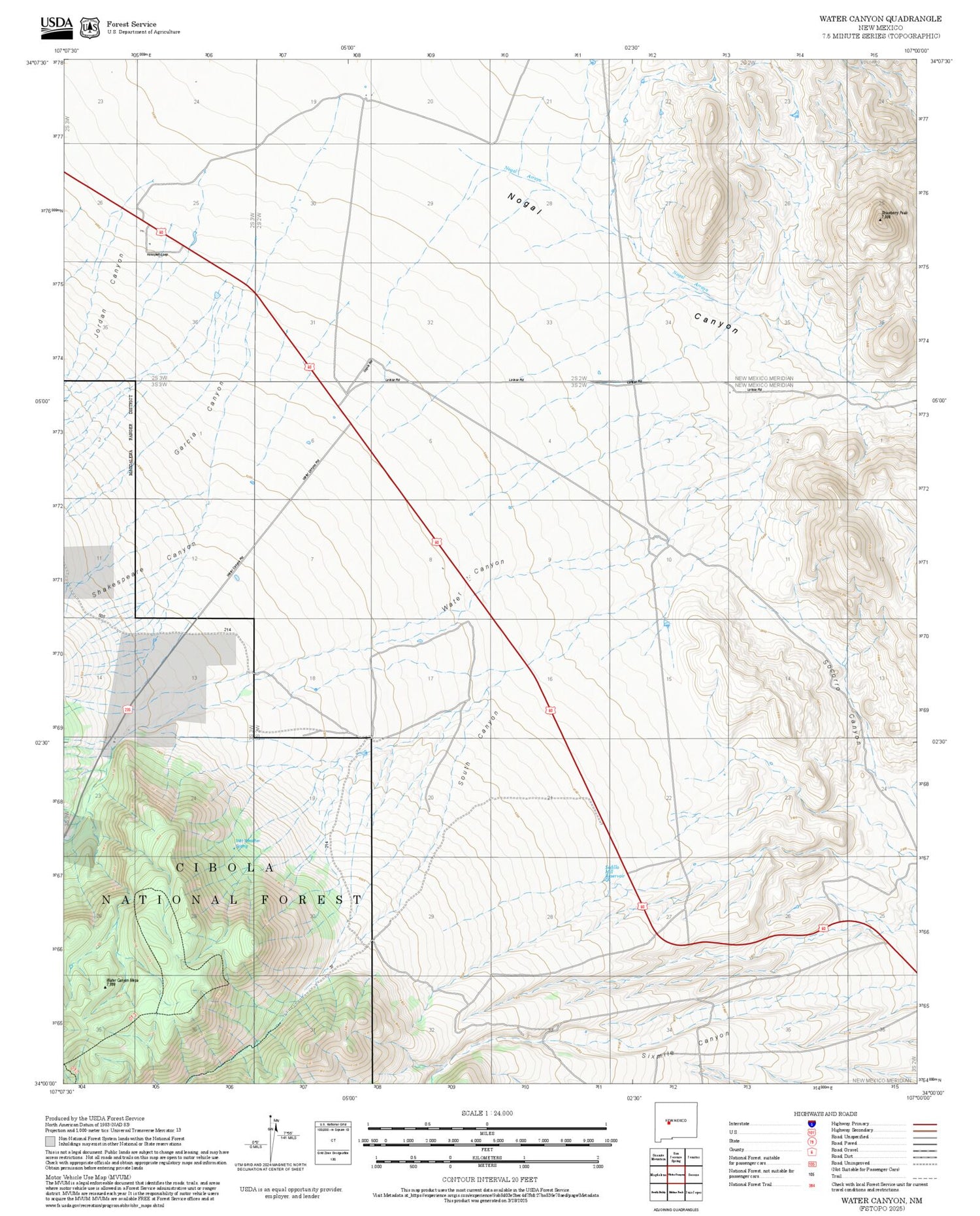 2025 Forest Service Topo Map of Water Canyon New Mexico
