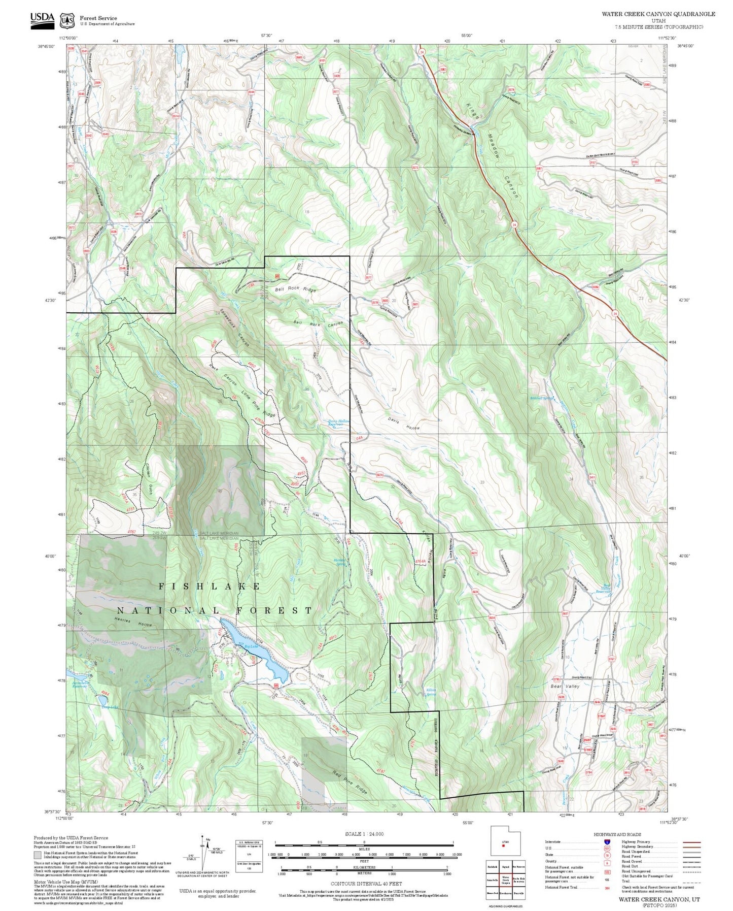 2025 Forest Service Topo Map of Water Creek Canyon Utah