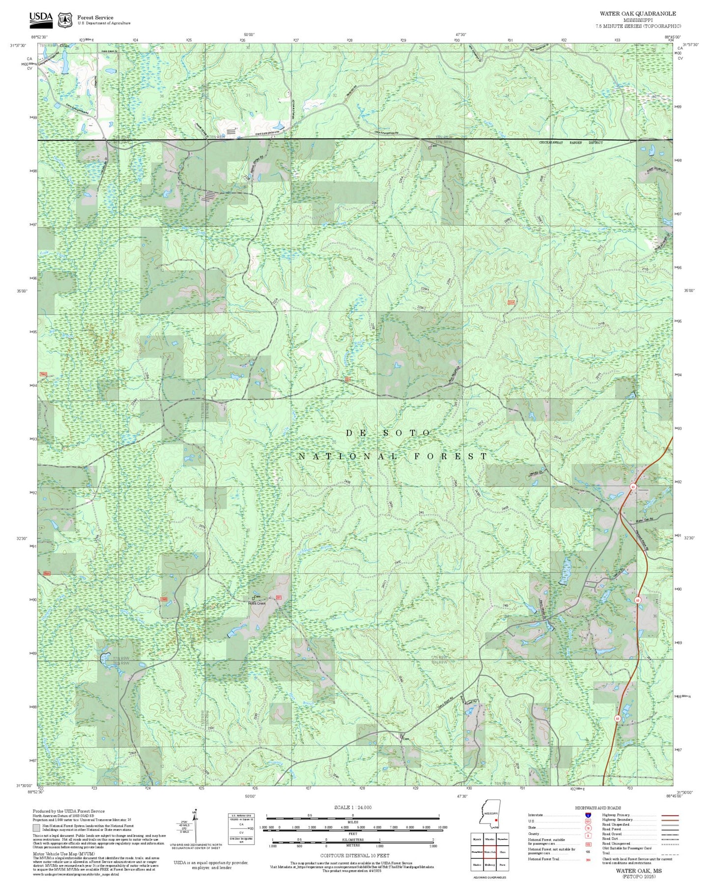 2025 Forest Service Topo Map of Water Oak Mississippi