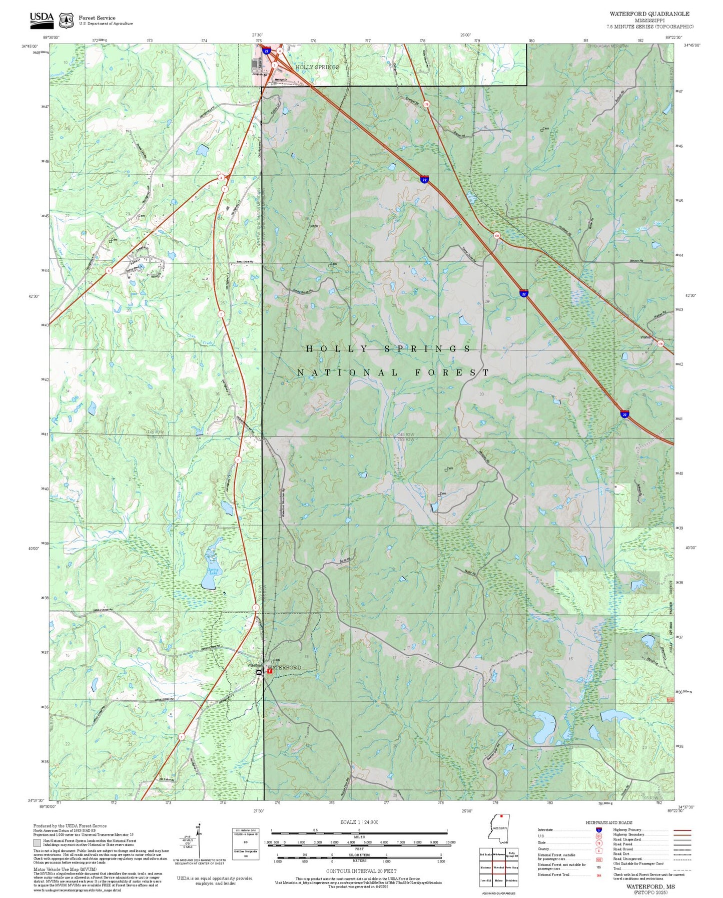 2025 Forest Service Topo Map of Waterford Mississippi