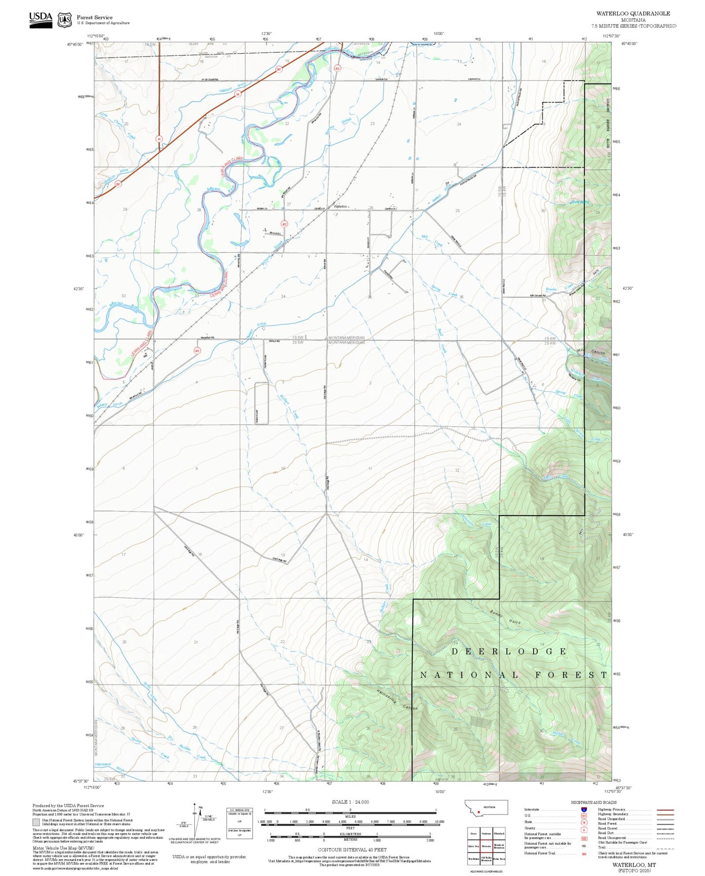 2025 Forest Service Topo Map of Waterloo Montana