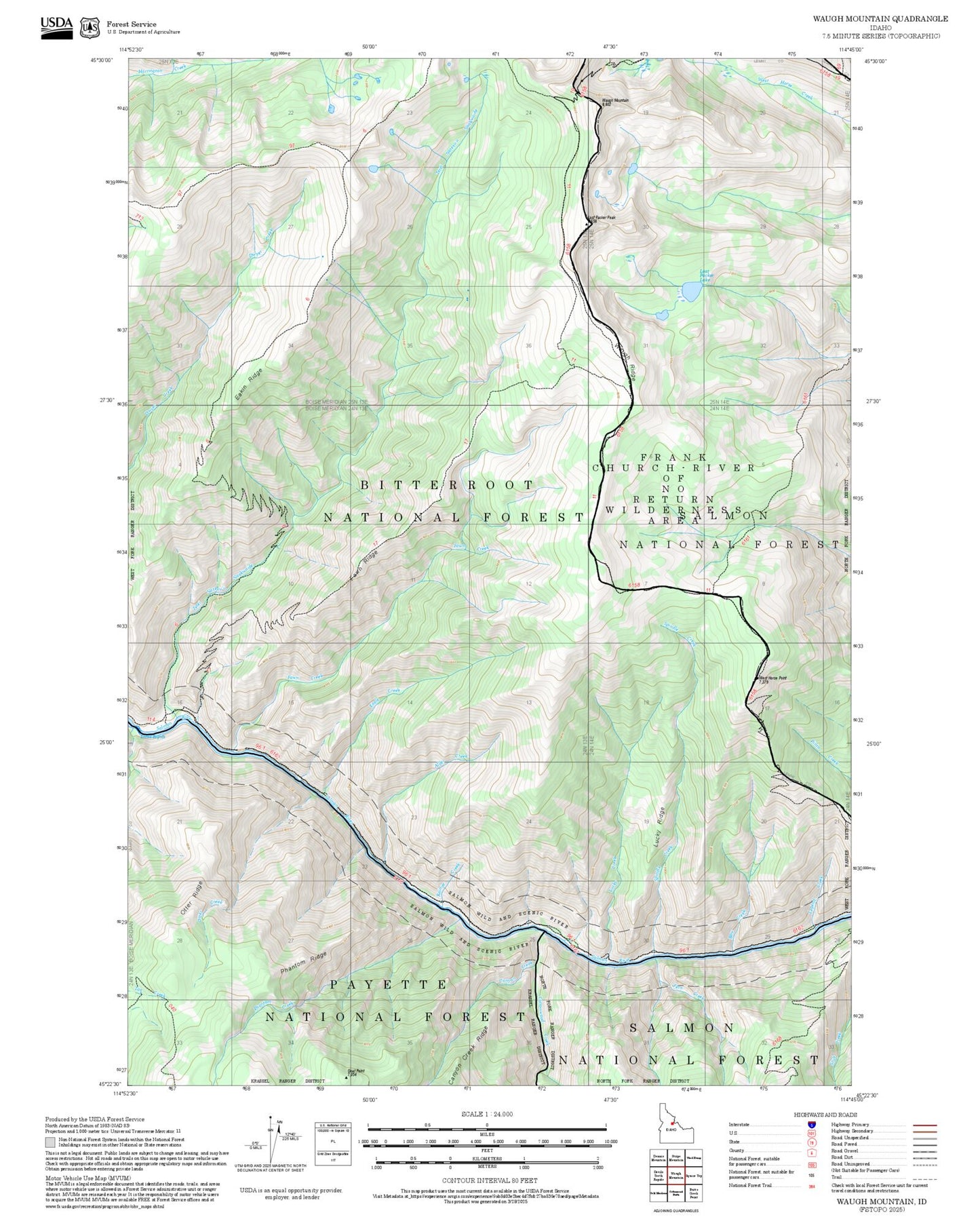 2025 Forest Service Topo Map of Waugh Mountain Idaho