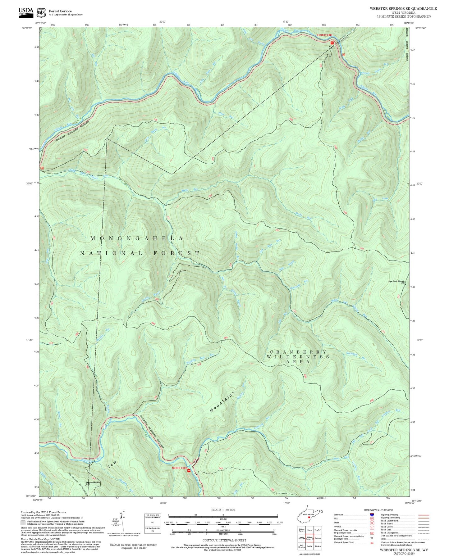 2025 Forest Service Topo Map of Webster Springs SE West Virginia