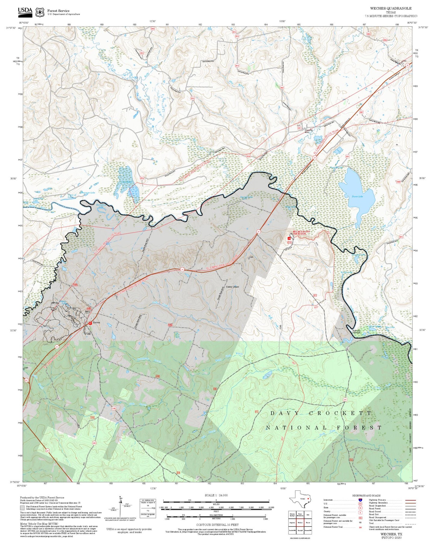 2025 Forest Service Topo Map of Weches Texas