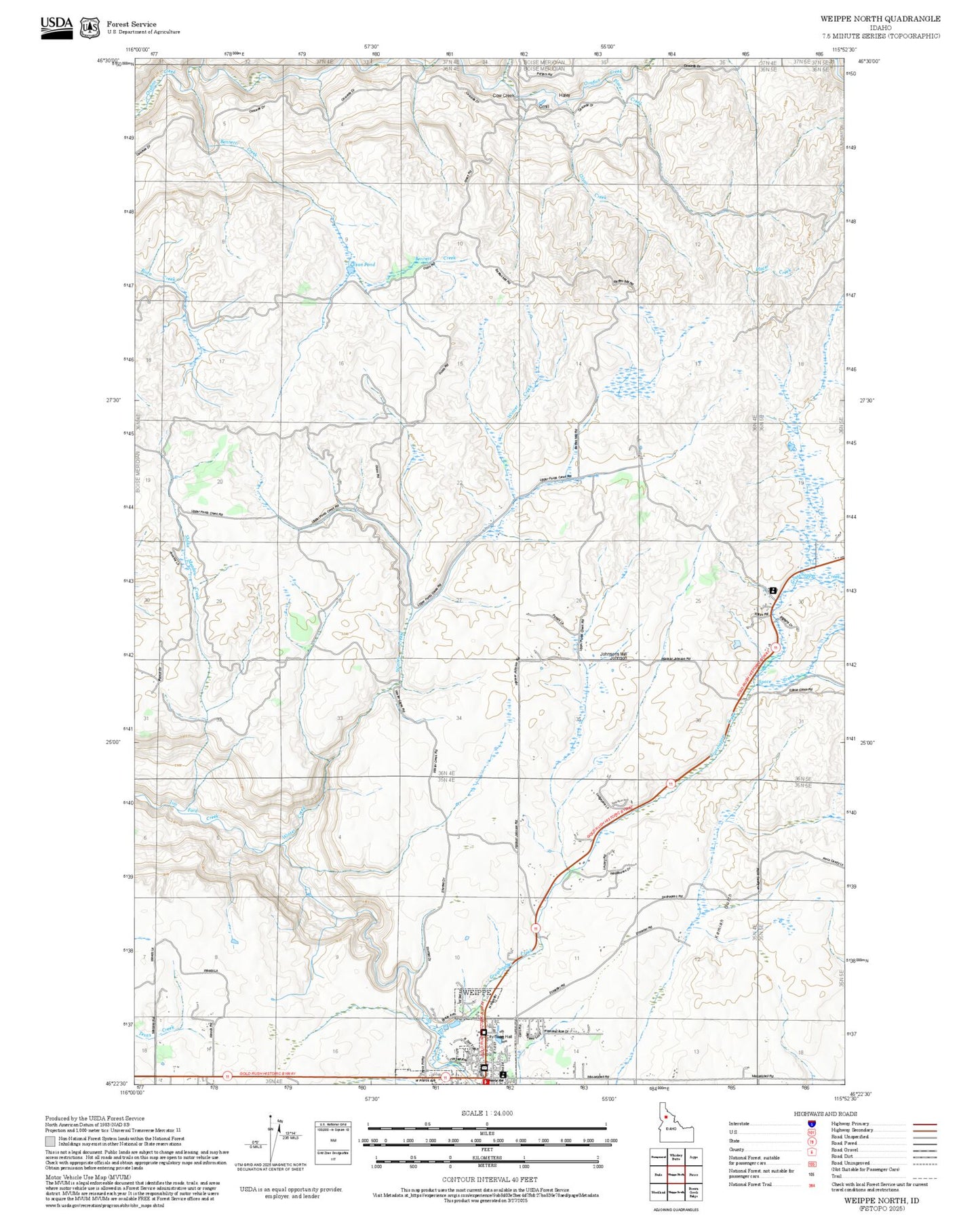 2025 Forest Service Topo Map of Weippe North Idaho