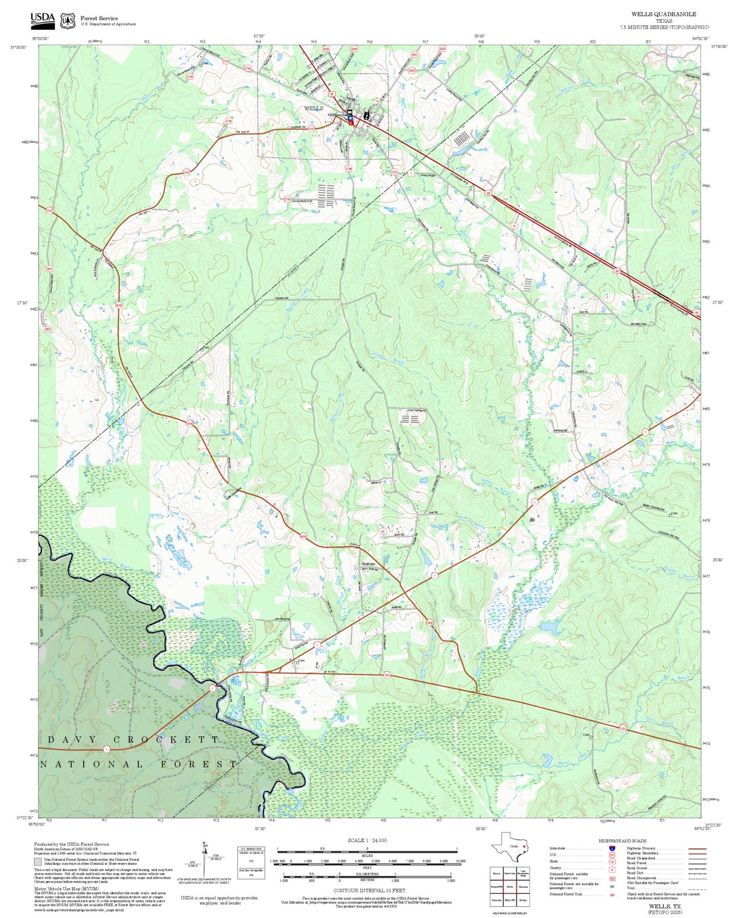 2025 Forest Service Topo Map of Wells Texas