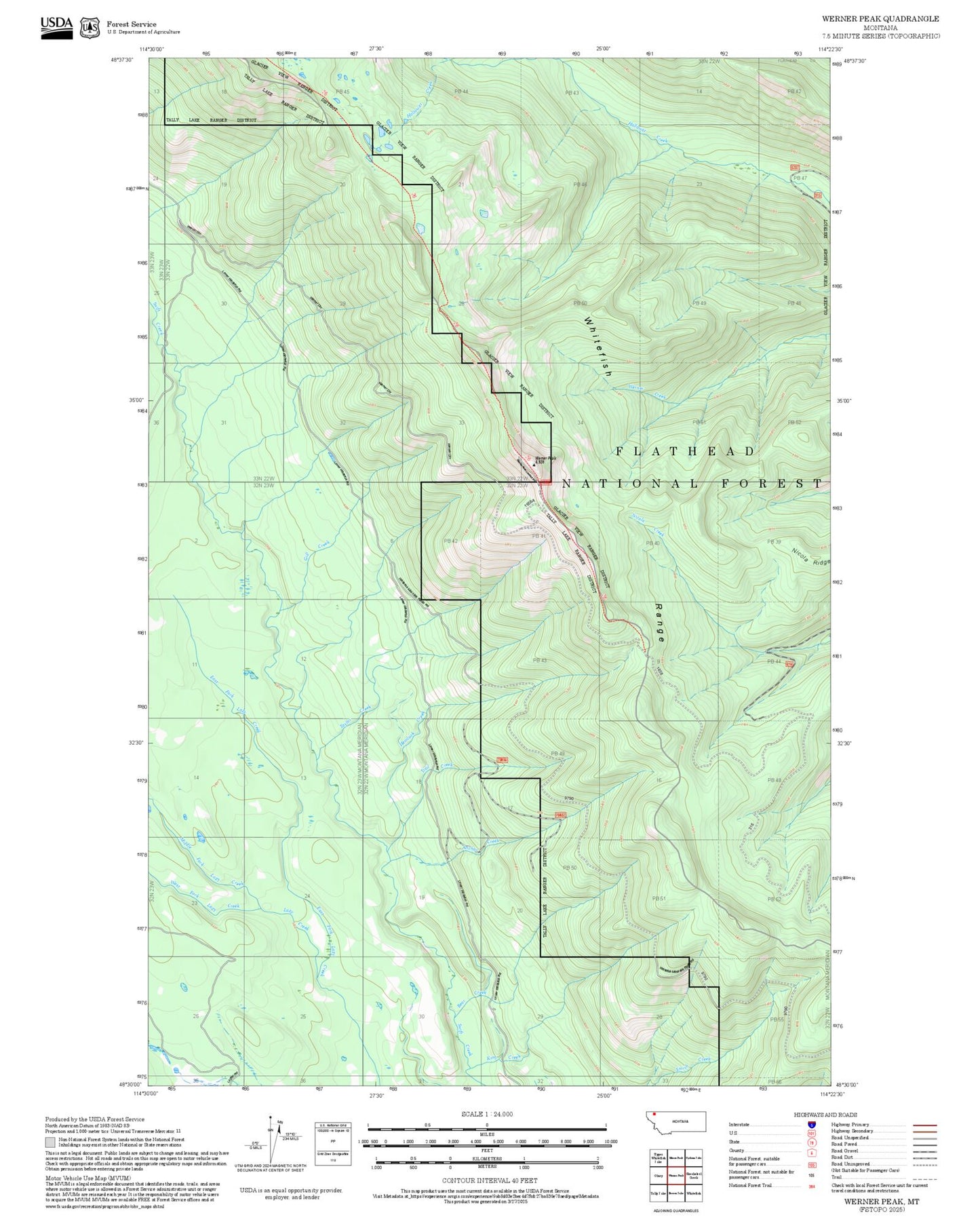 2025 Forest Service Topo Map of Werner Peak Montana