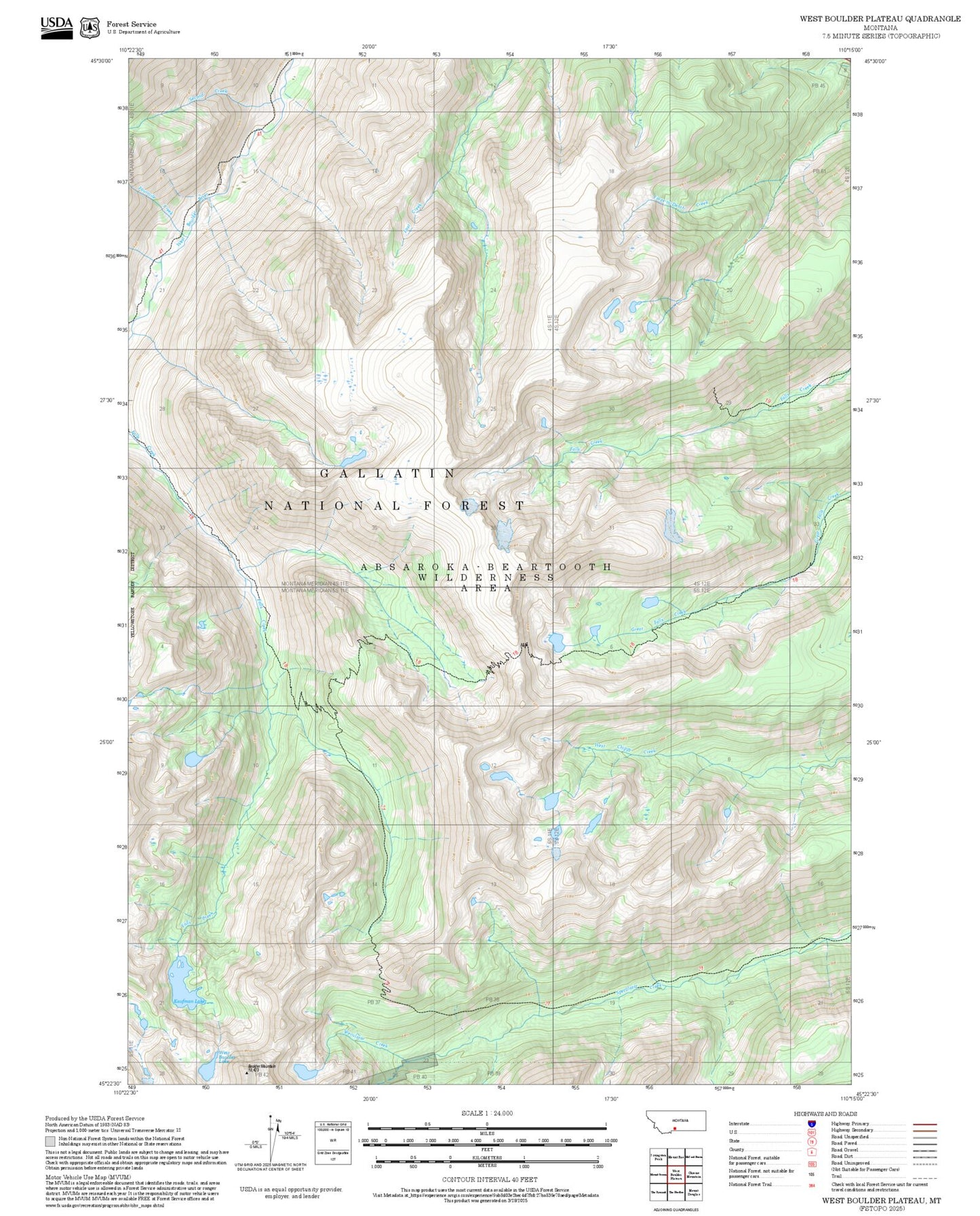 2025 Forest Service Topo Map of West Boulder Plateau Montana