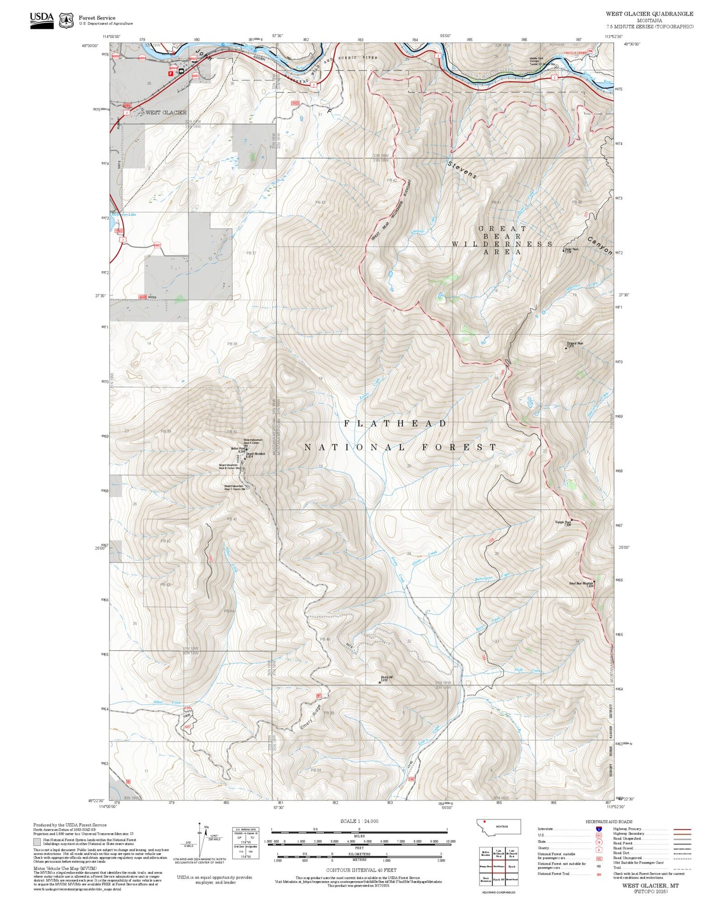 2025 Forest Service Topo Map of West Glacier Montana