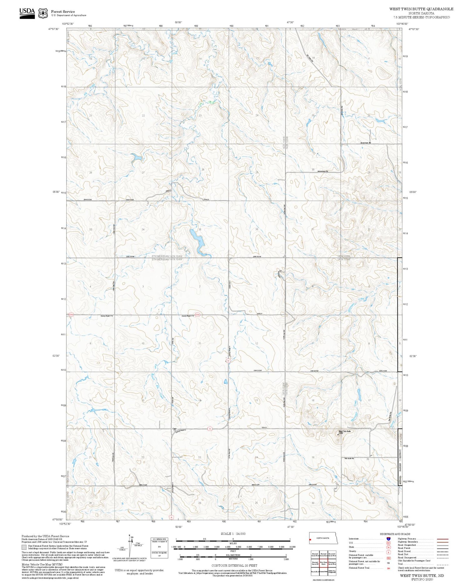 2025 Forest Service Topo Map of West Twin Butte North Dakota