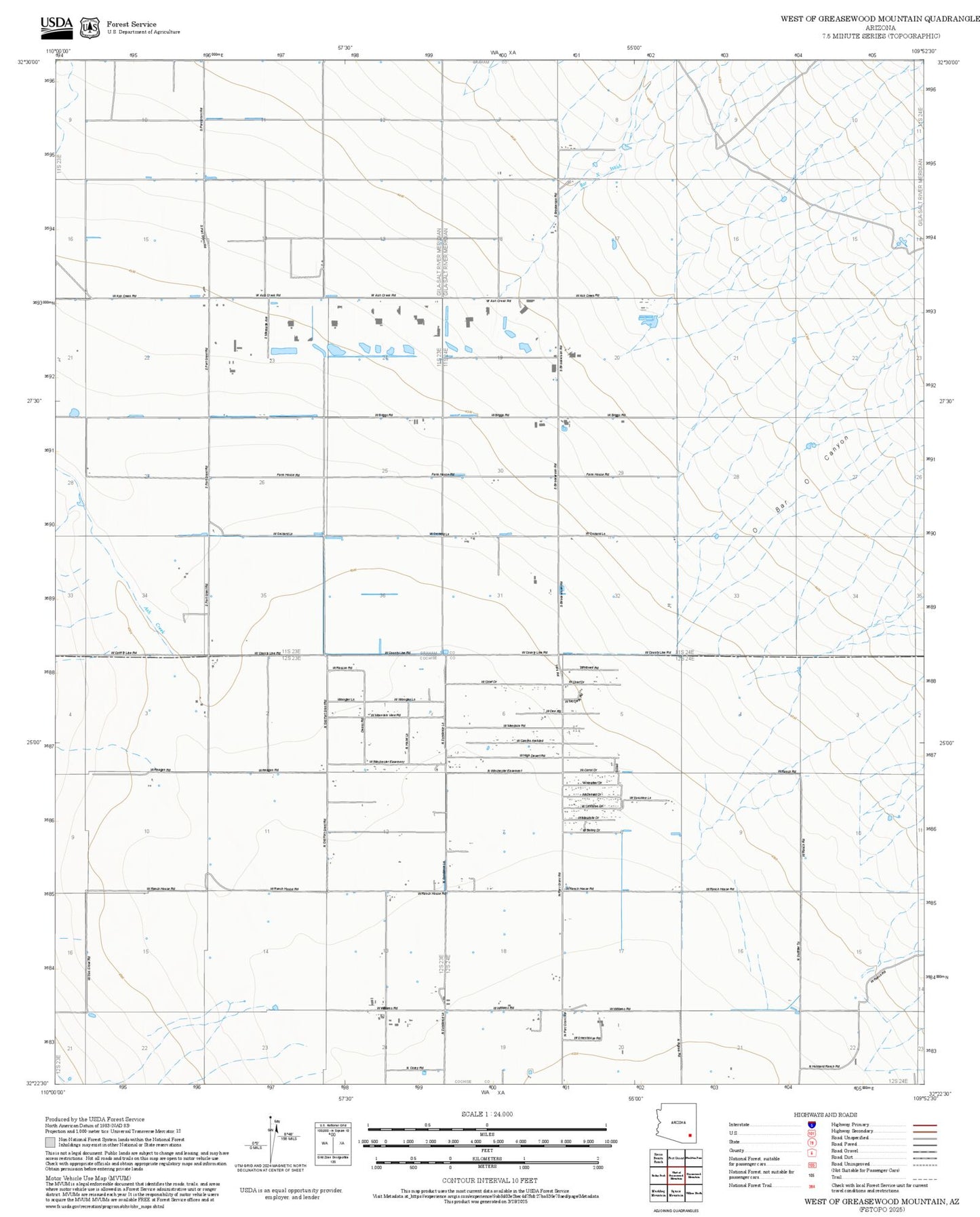 2025 Forest Service Topo Map of West of Greasewood Mountain Arizona