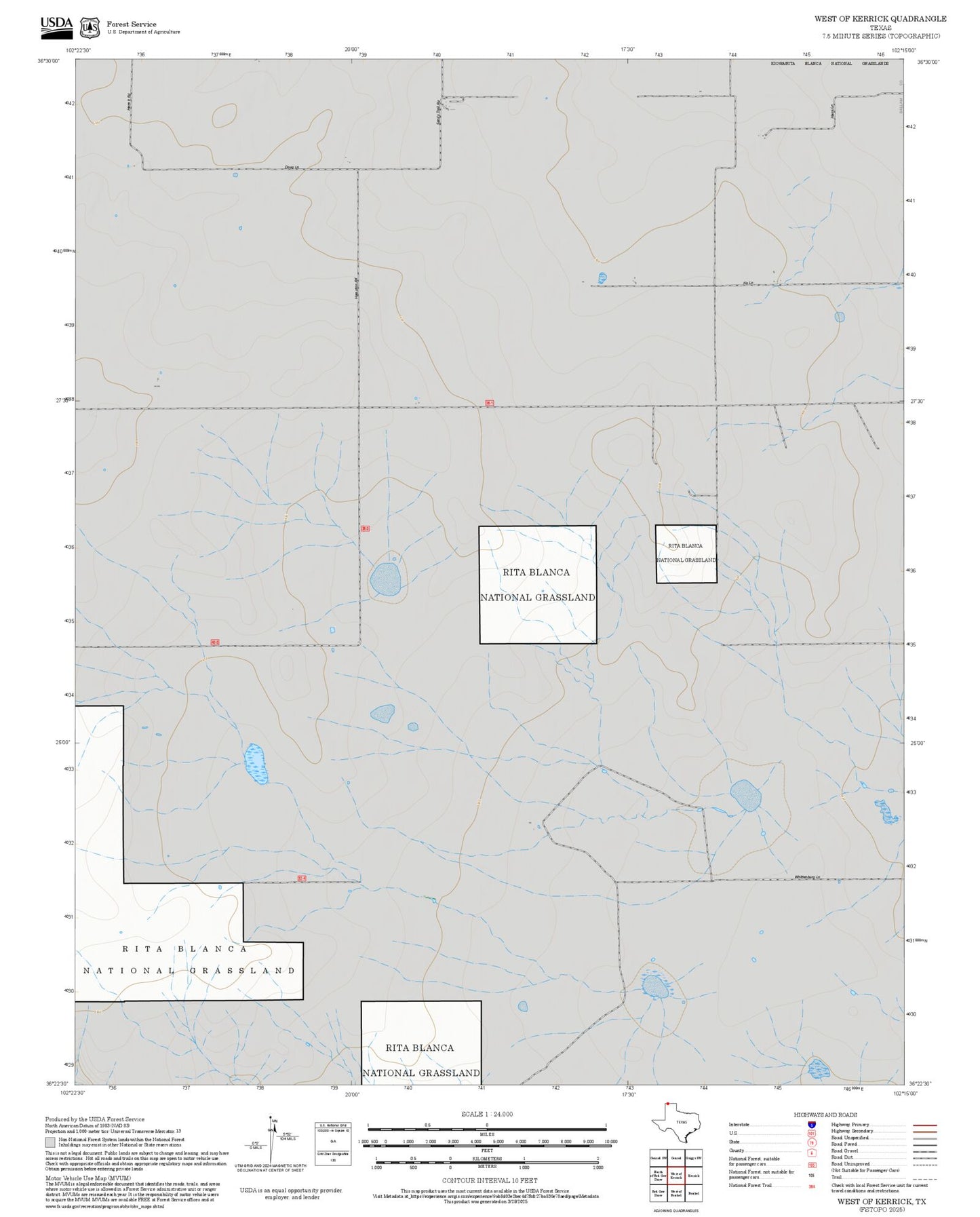 2025 Forest Service Topo Map of West of Kerrick Texas