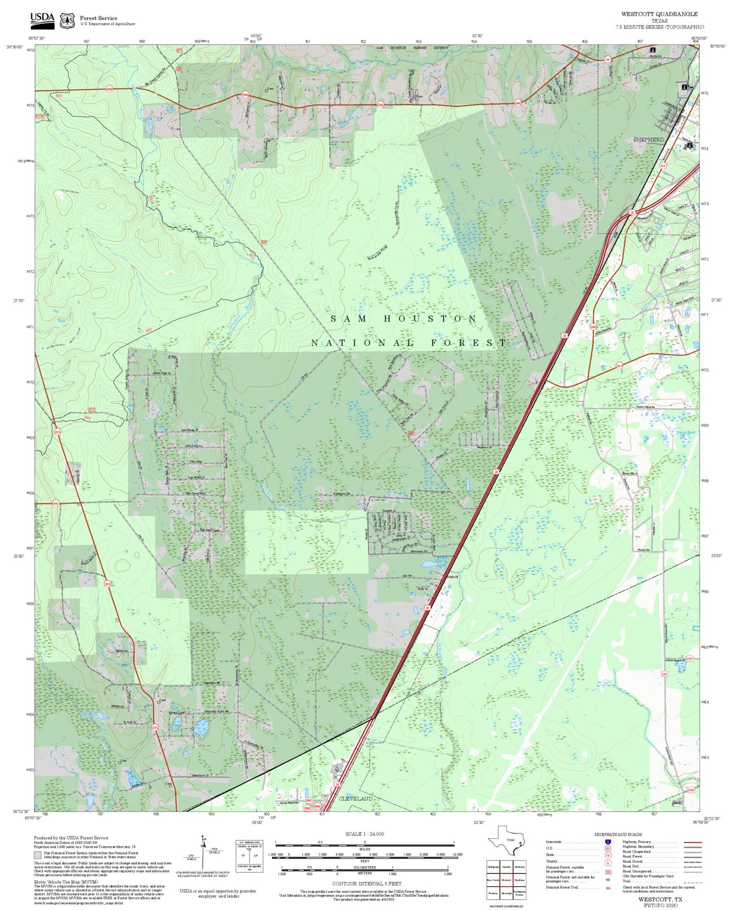2025 Forest Service Topo Map of Westcott Texas