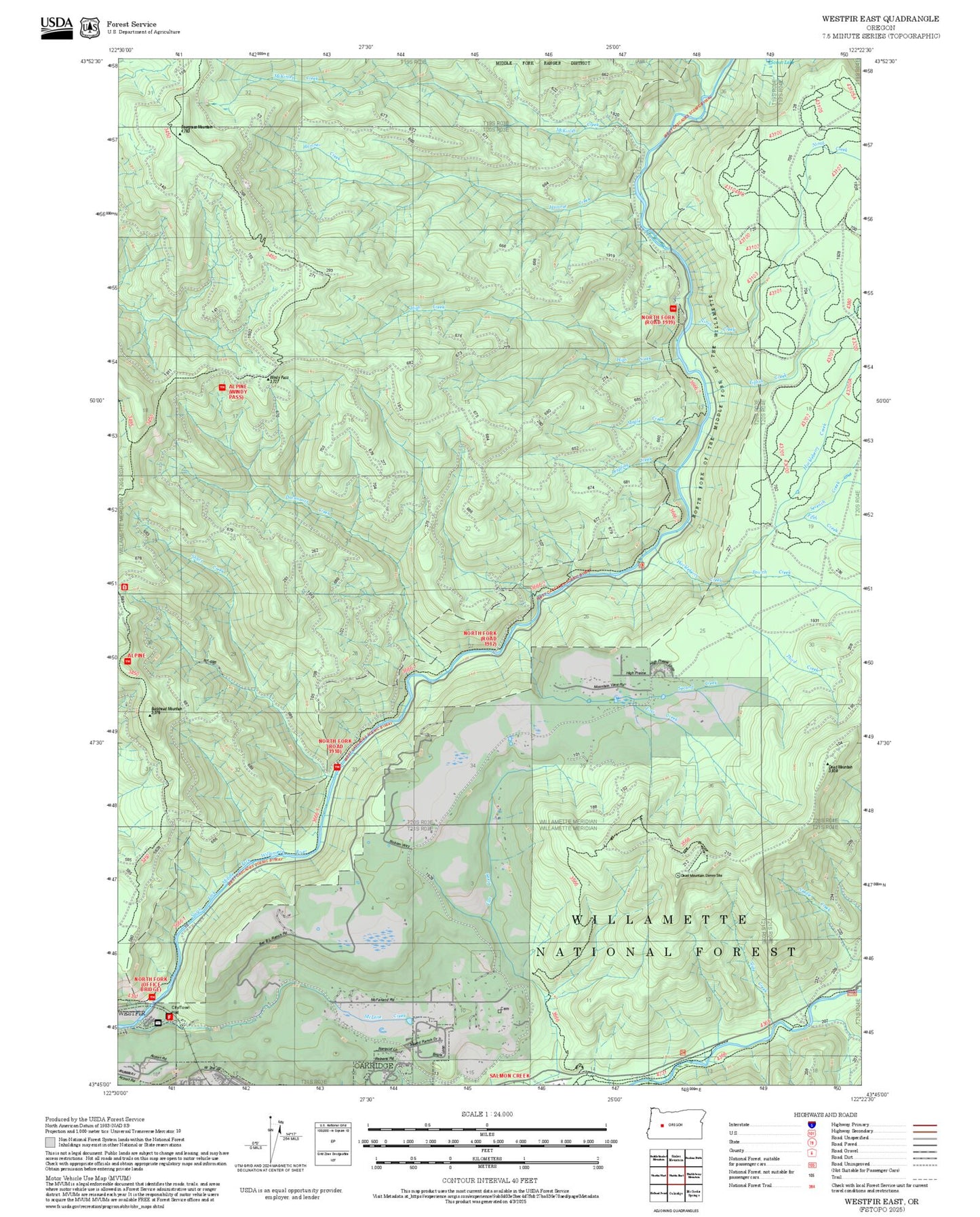 2025 Forest Service Topo Map of Westfir East Oregon