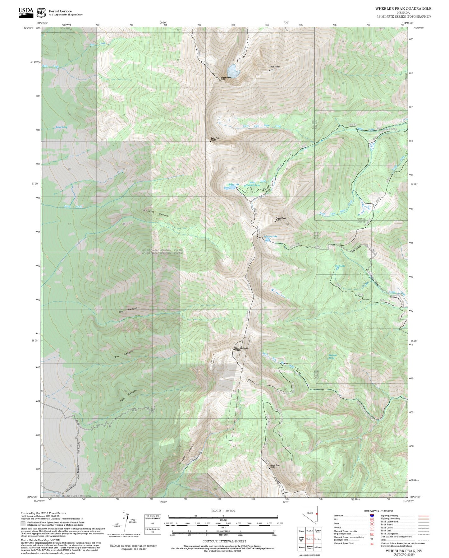 2025 Forest Service Topo Map of Wheeler Peak Nevada