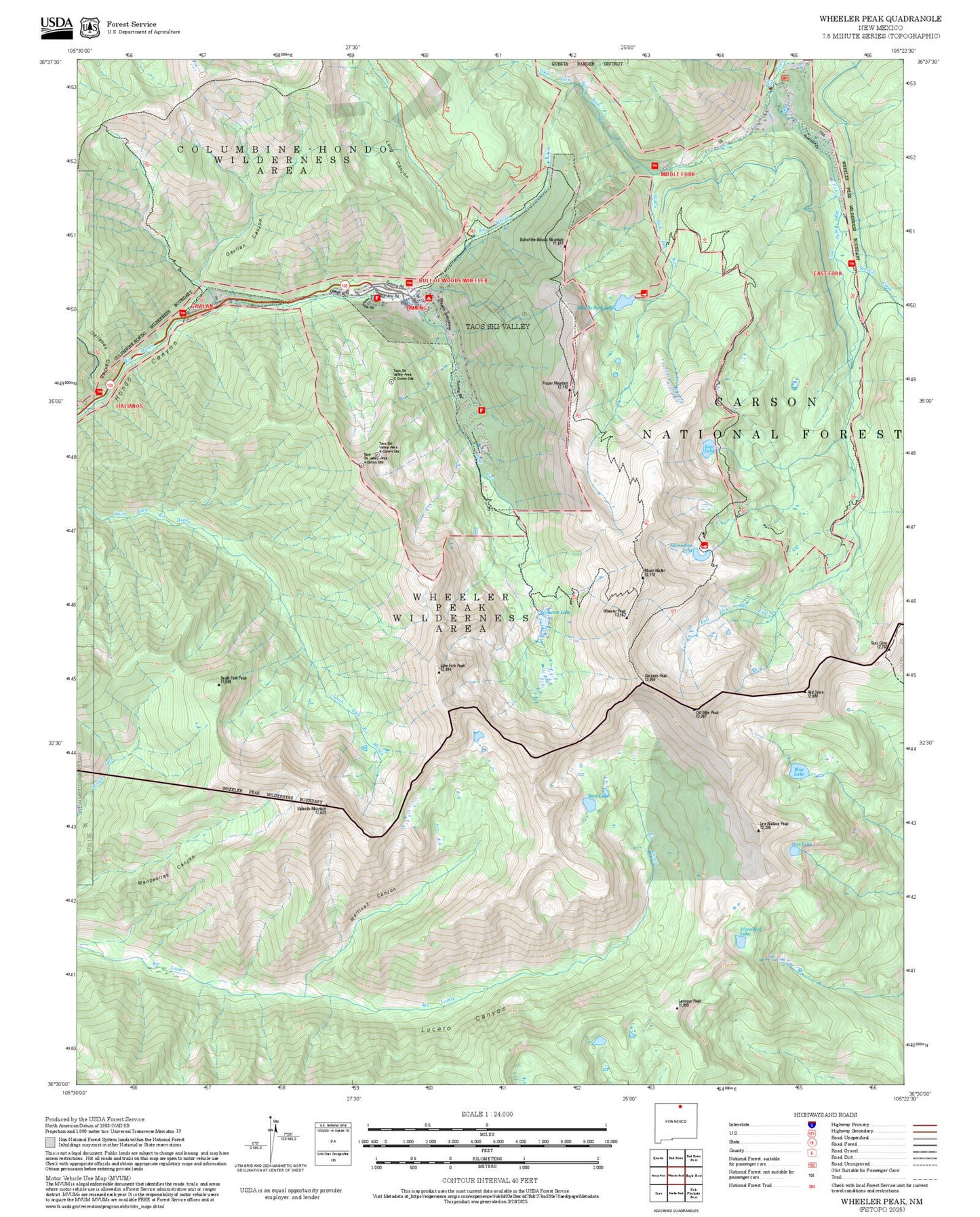 2025 Forest Service Topo Map of Wheeler Peak New Mexico