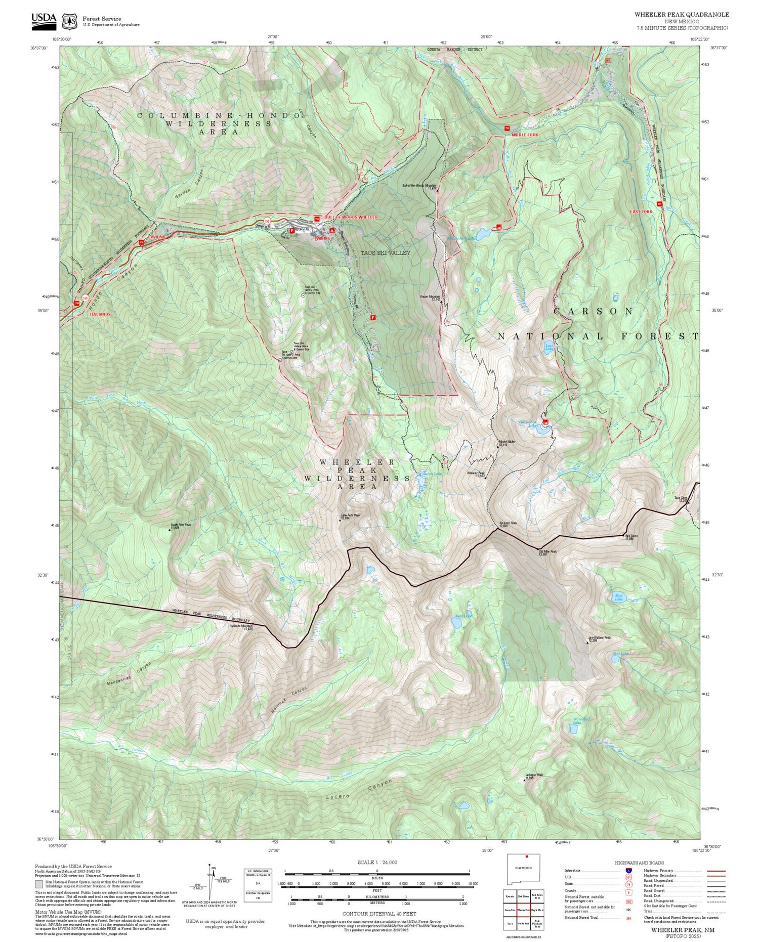 2025 Forest Service Topo Map of Wheeler Peak New Mexico