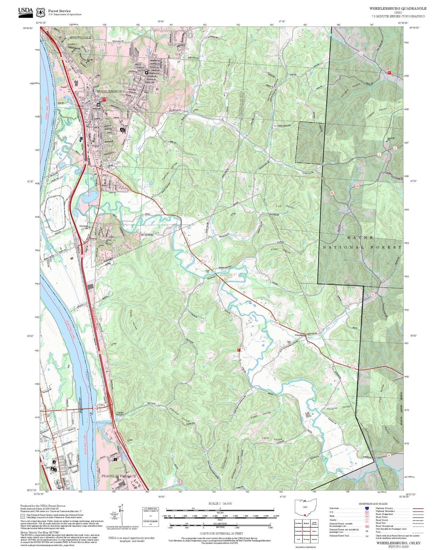 2025 Forest Service Topo Map of Wheelersburg Ohio