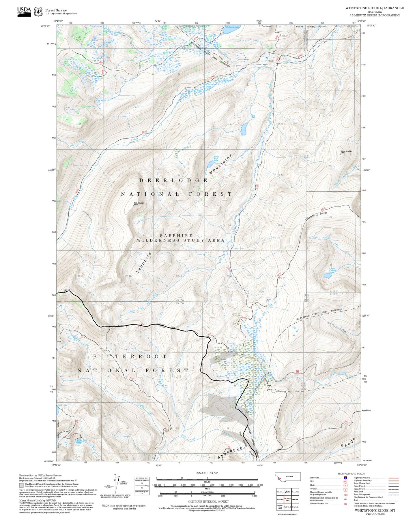 2025 Forest Service Topo Map of Whetstone Ridge Montana