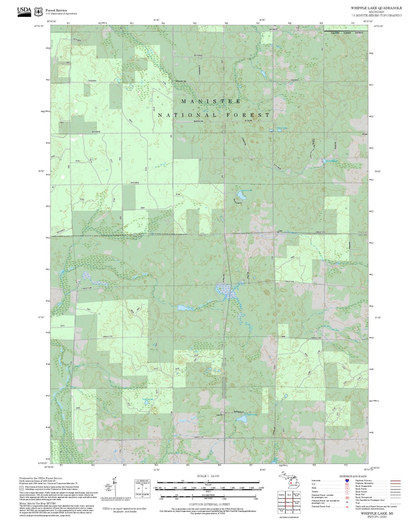 2025 Forest Service Topo Map of Whipple Lake Michigan