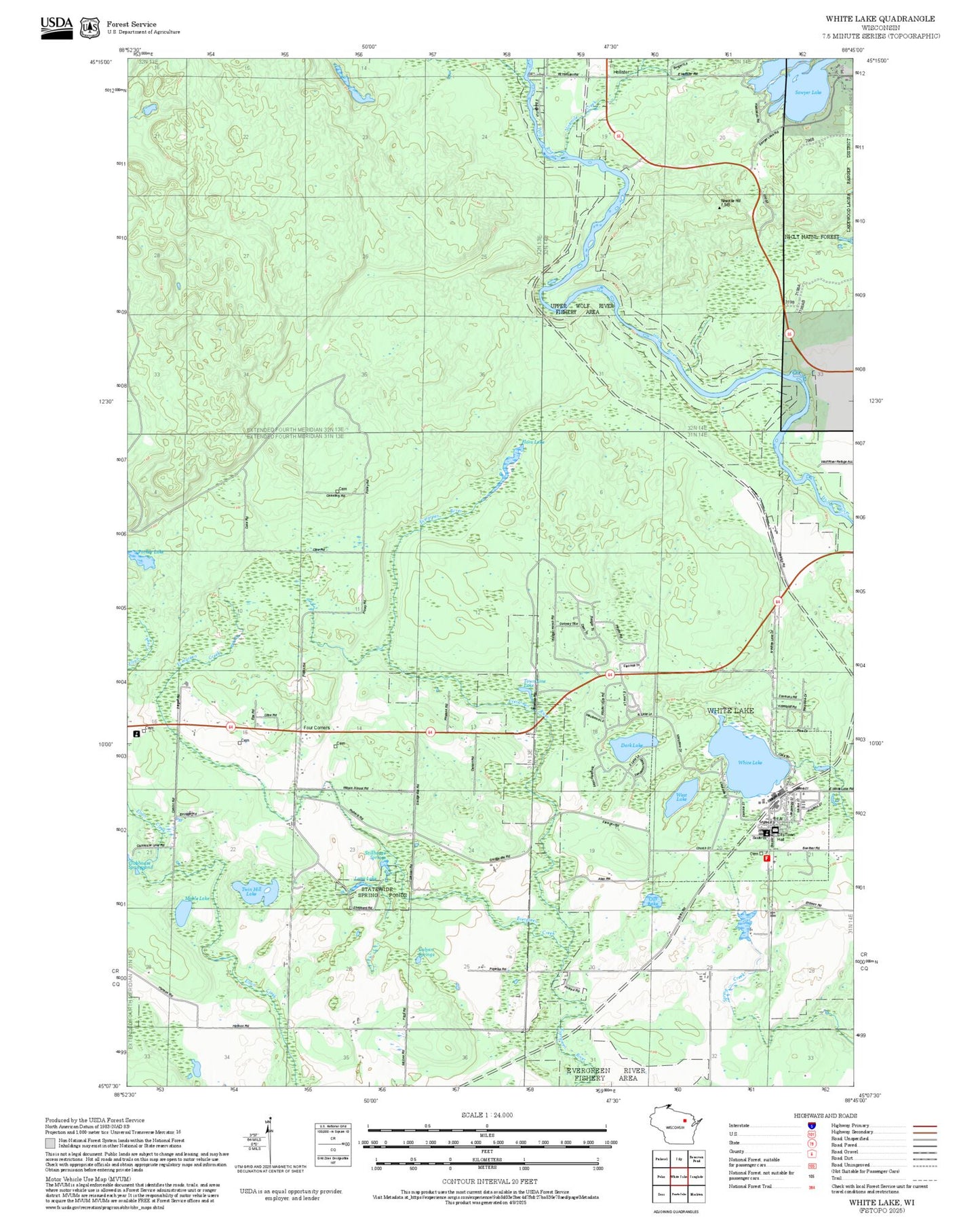 2025 Forest Service Topo Map of White Lake Wisconsin
