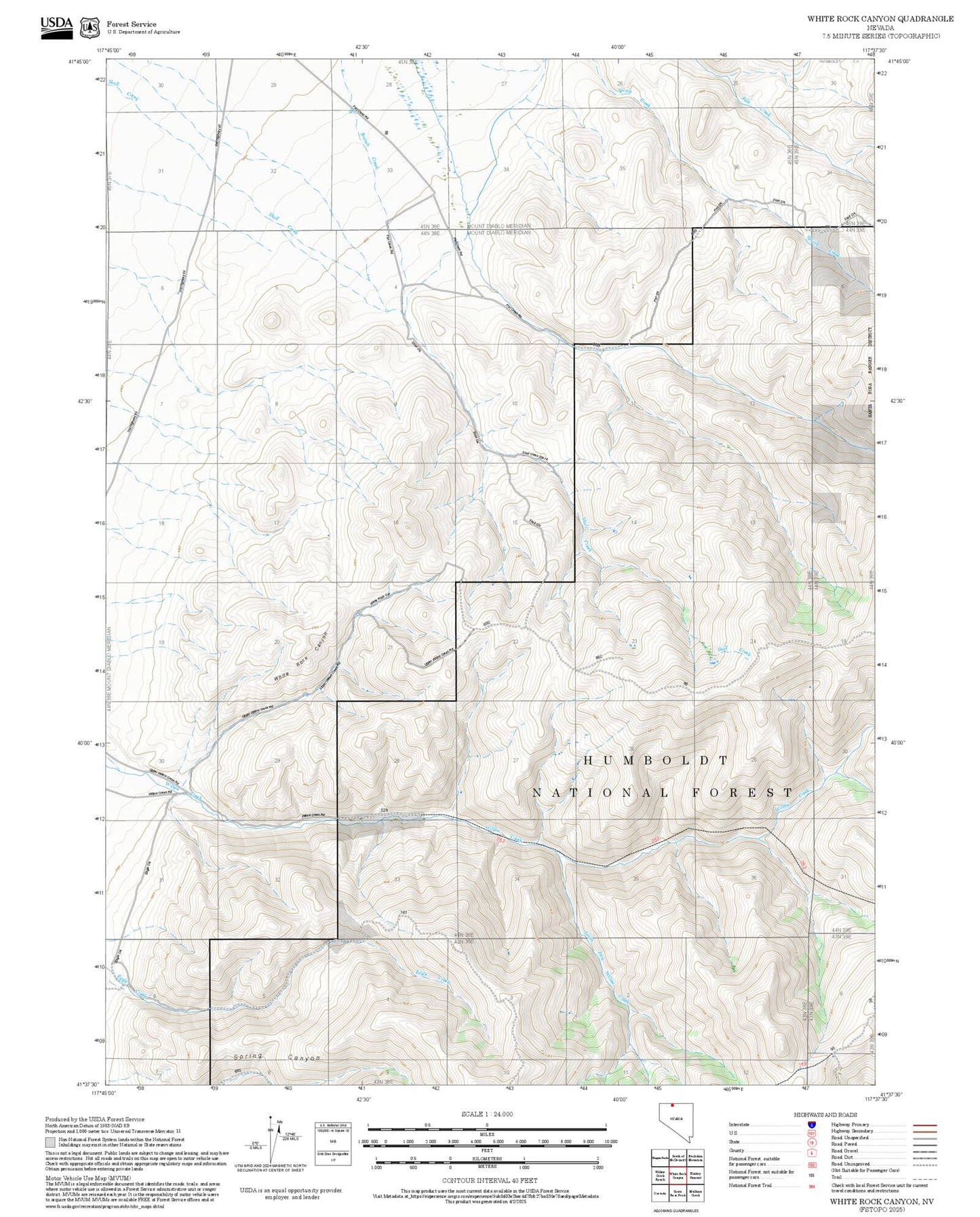 2025 Forest Service Topo Map of White Rock Canyon Nevada