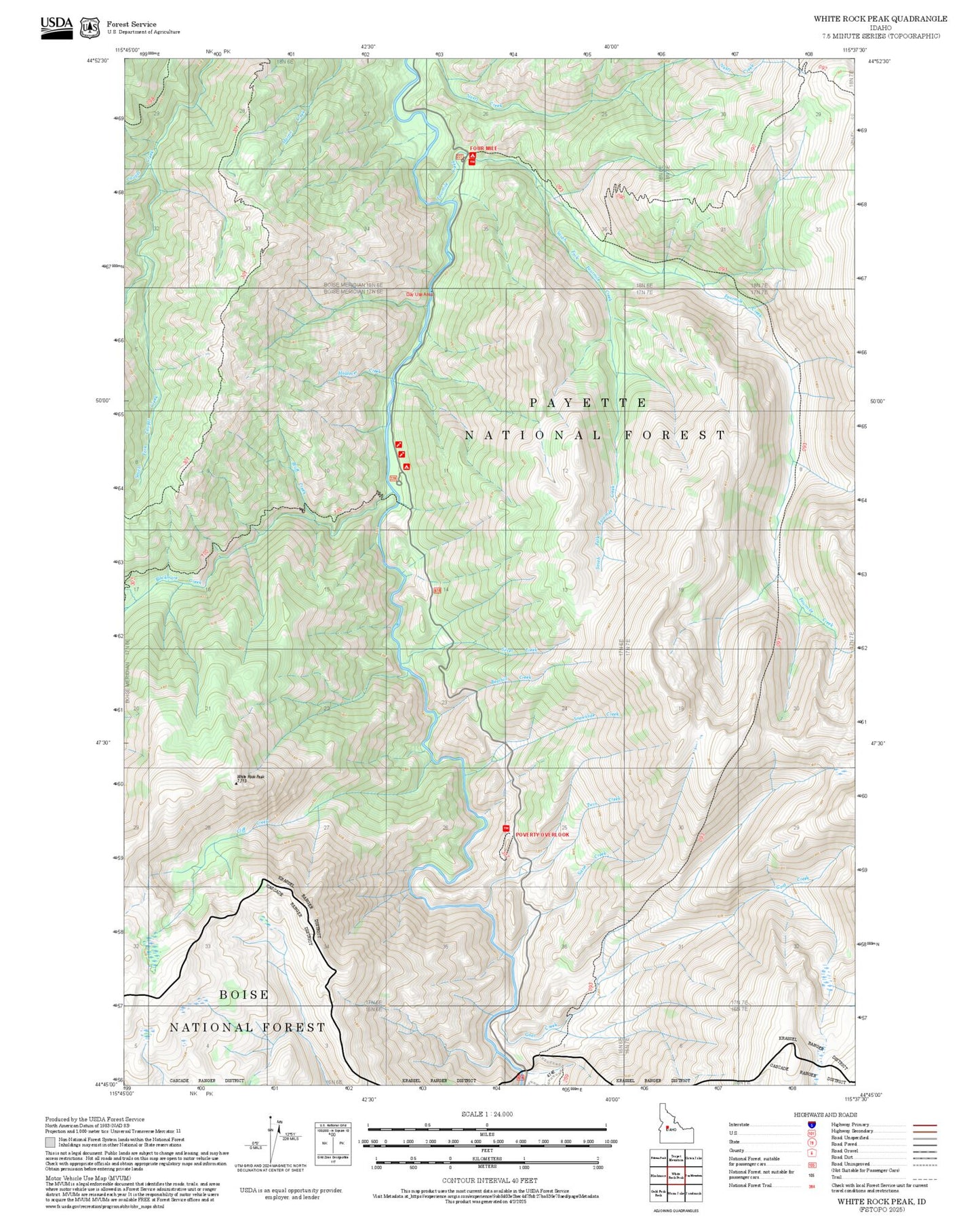 2025 Forest Service Topo Map of White Rock Peak Idaho