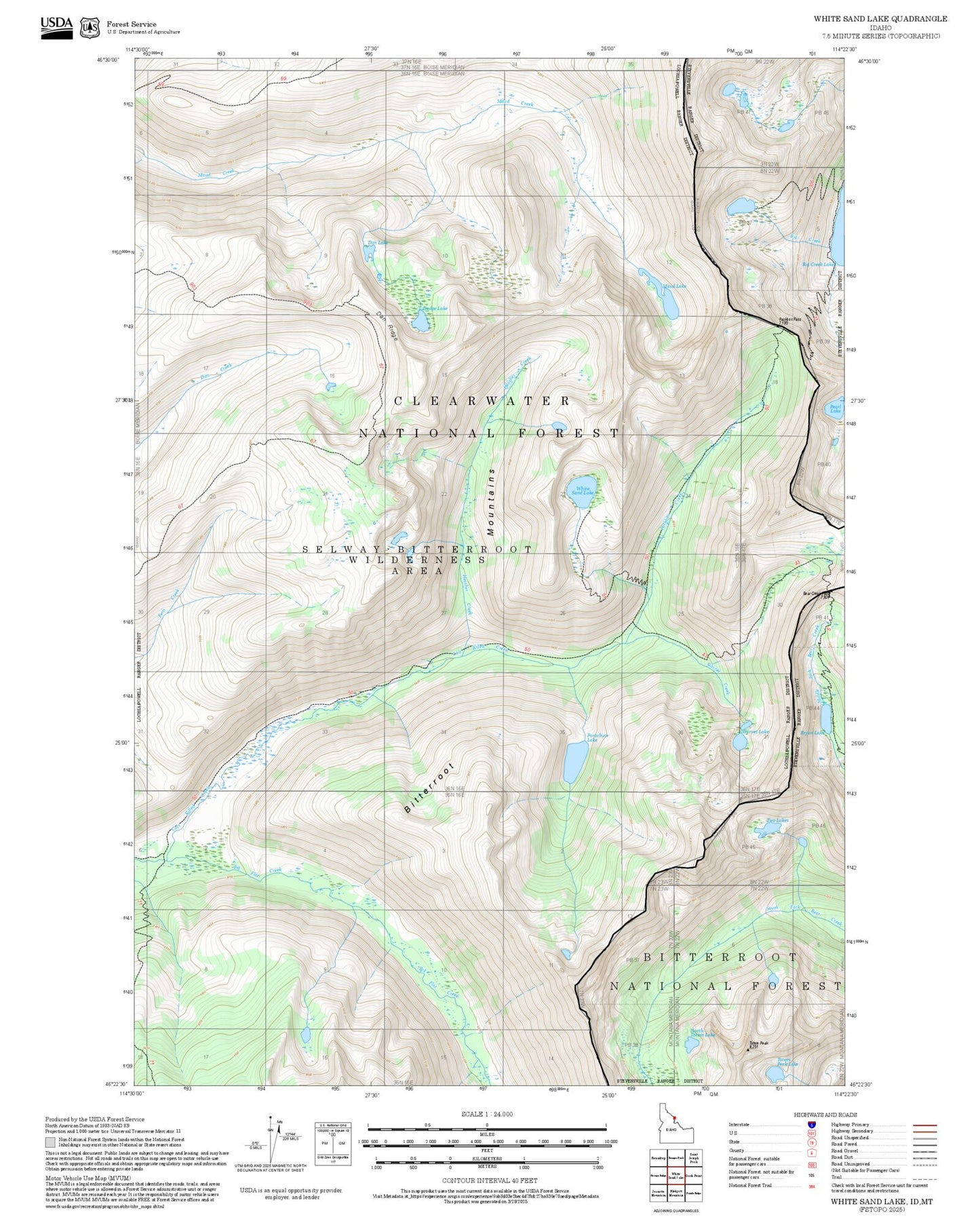 2025 Forest Service Topo Map of White Sand Lake Idaho
