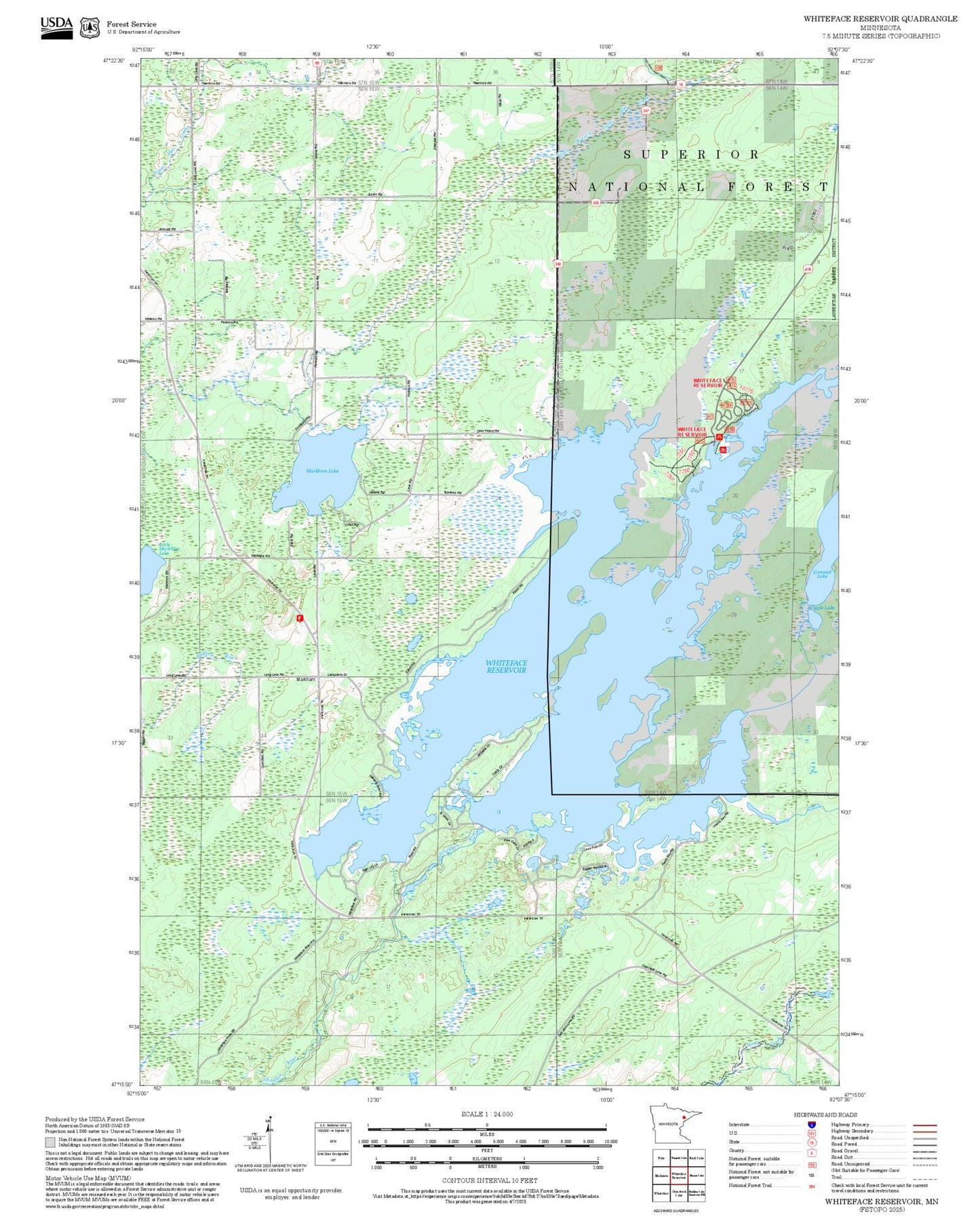 2025 Forest Service Topo Map of Whiteface Reservoir Minnesota
