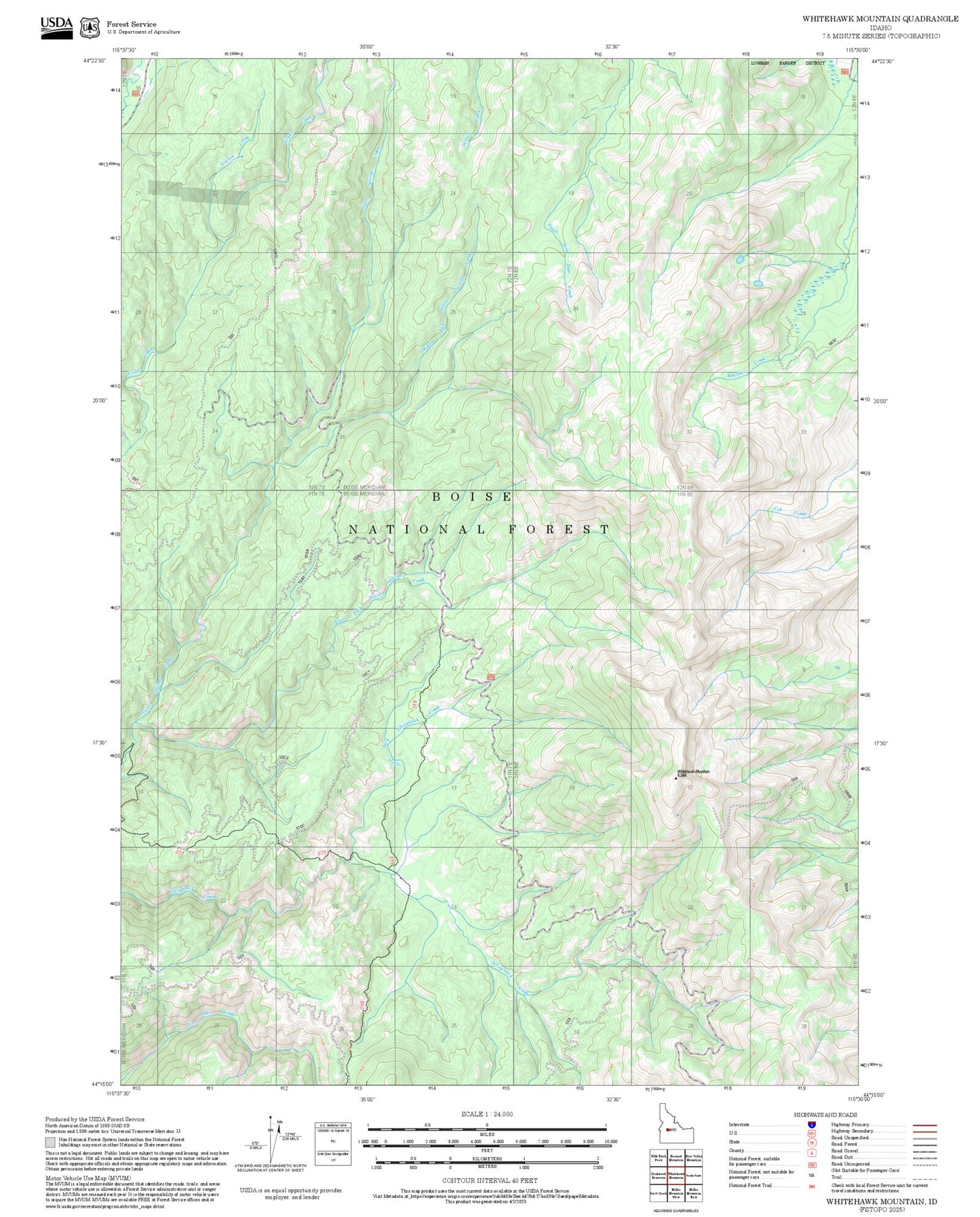 2025 Forest Service Topo Map of Whitehawk Mountain Idaho