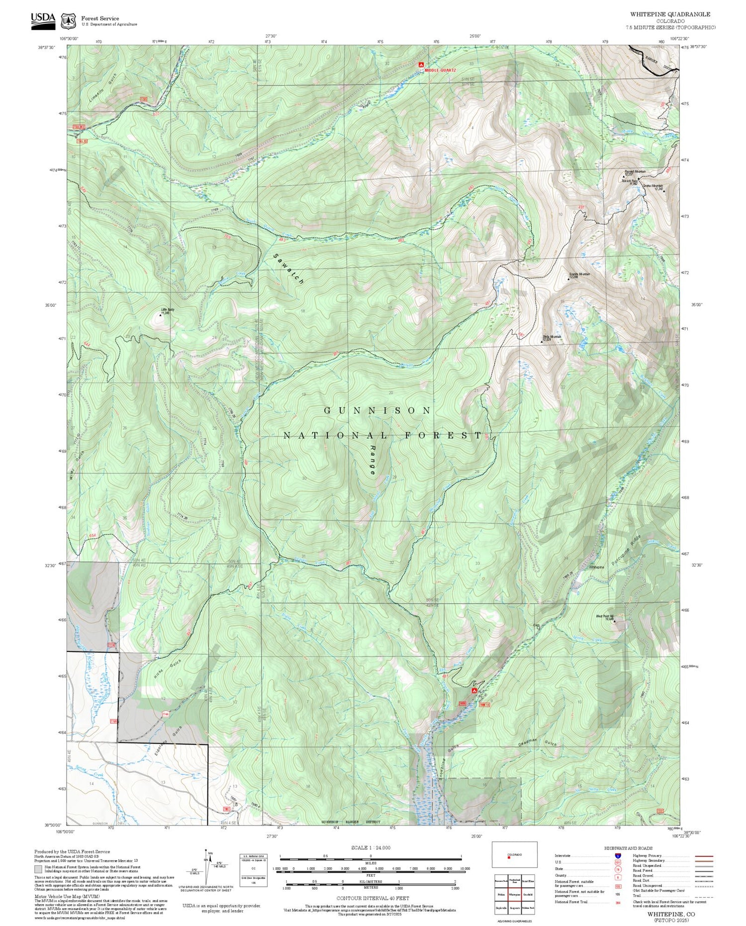2025 Forest Service Topo Map of Whitepine Colorado