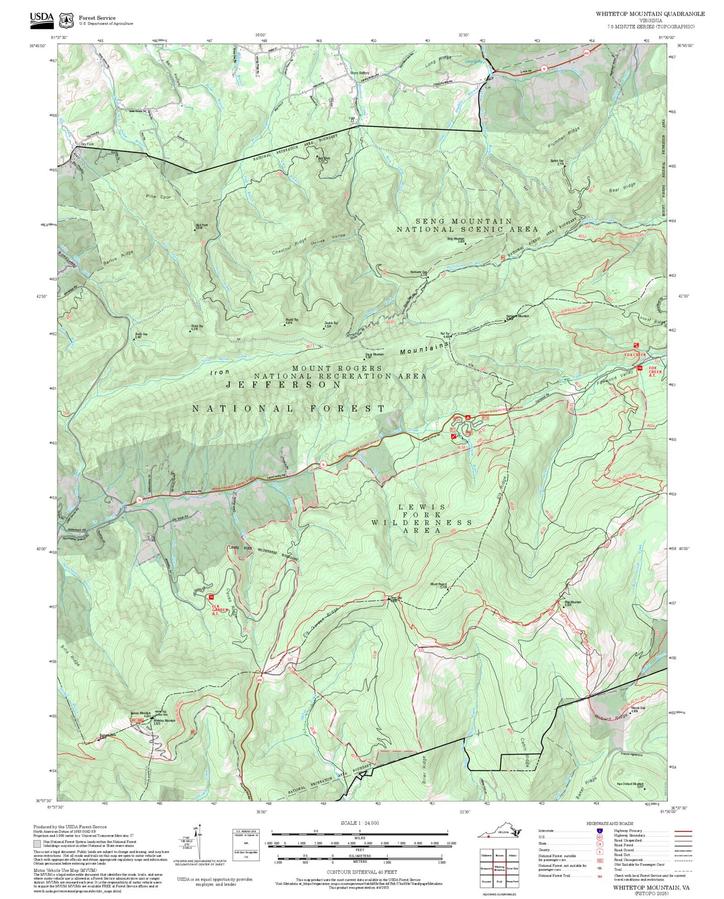 2025 Forest Service Topo Map of Whitetop Mountain Virginia