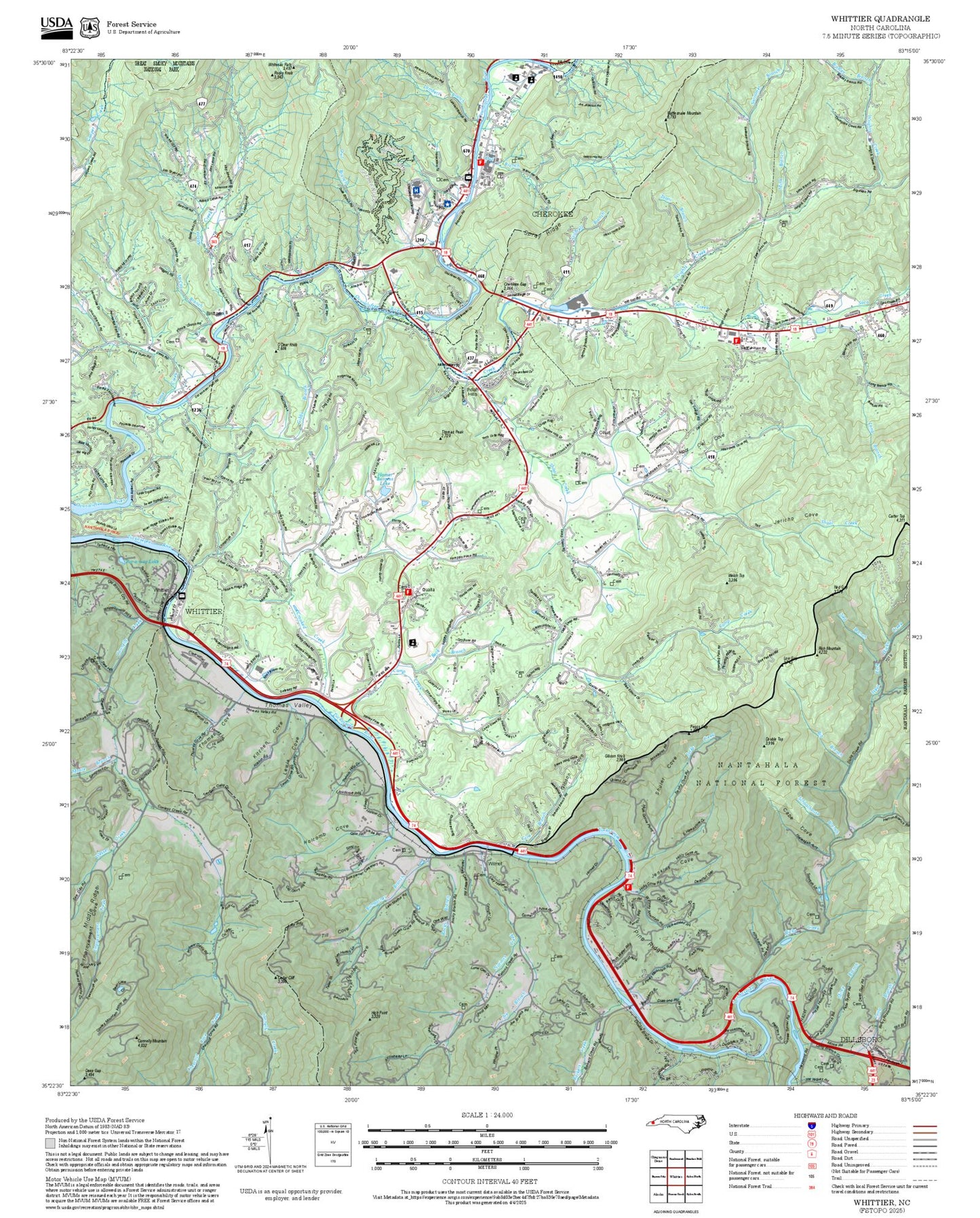 2025 Forest Service Topo Map of Whittier North Carolina