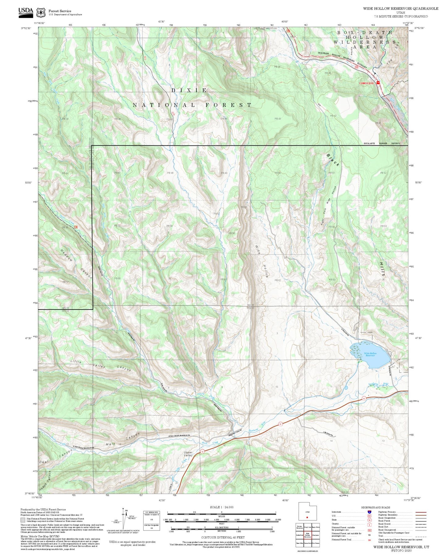 2025 Forest Service Topo Map of Wide Hollow Reservoir Utah