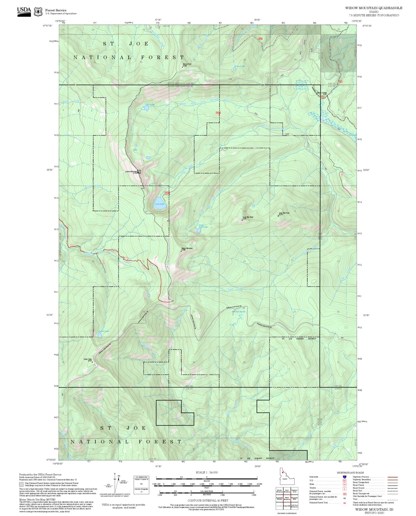 2025 Forest Service Topo Map of Widow Mountain Idaho