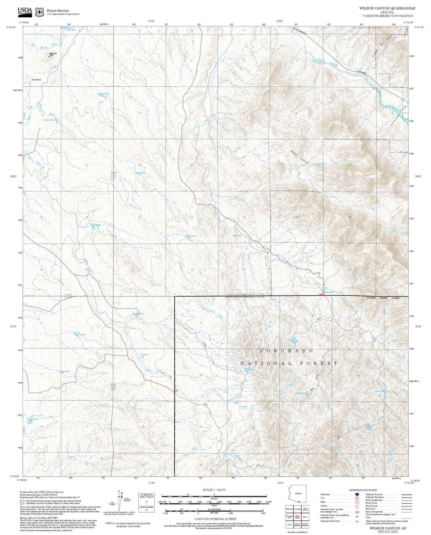 2025 Forest Service Topo Map of Wilbur Canyon Arizona