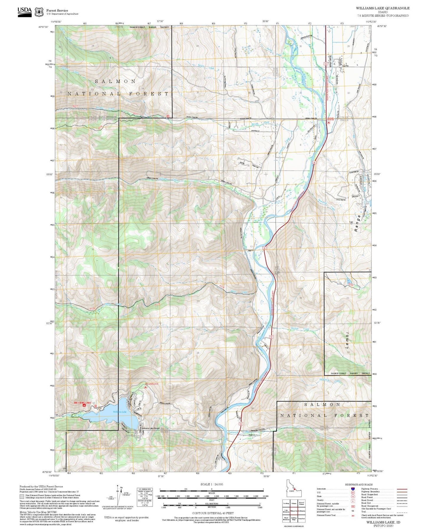 2025 Forest Service Topo Map of Williams Lake Idaho