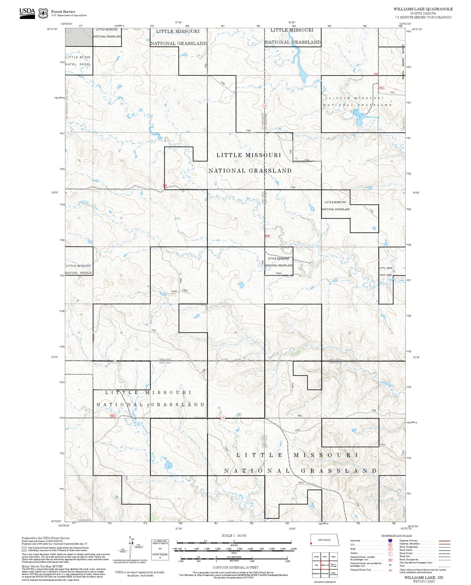 2025 Forest Service Topo Map of Williams Lake North Dakota