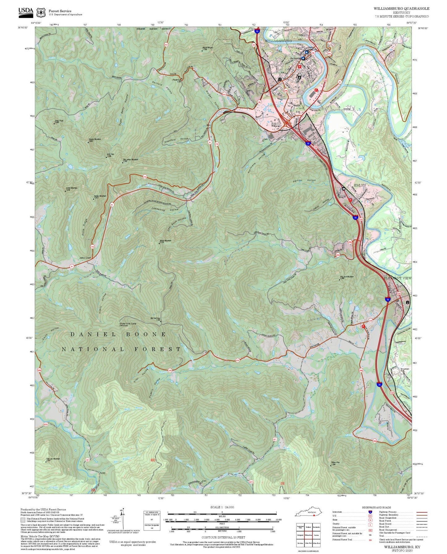 2025 Forest Service Topo Map of Williamsburg Kentucky