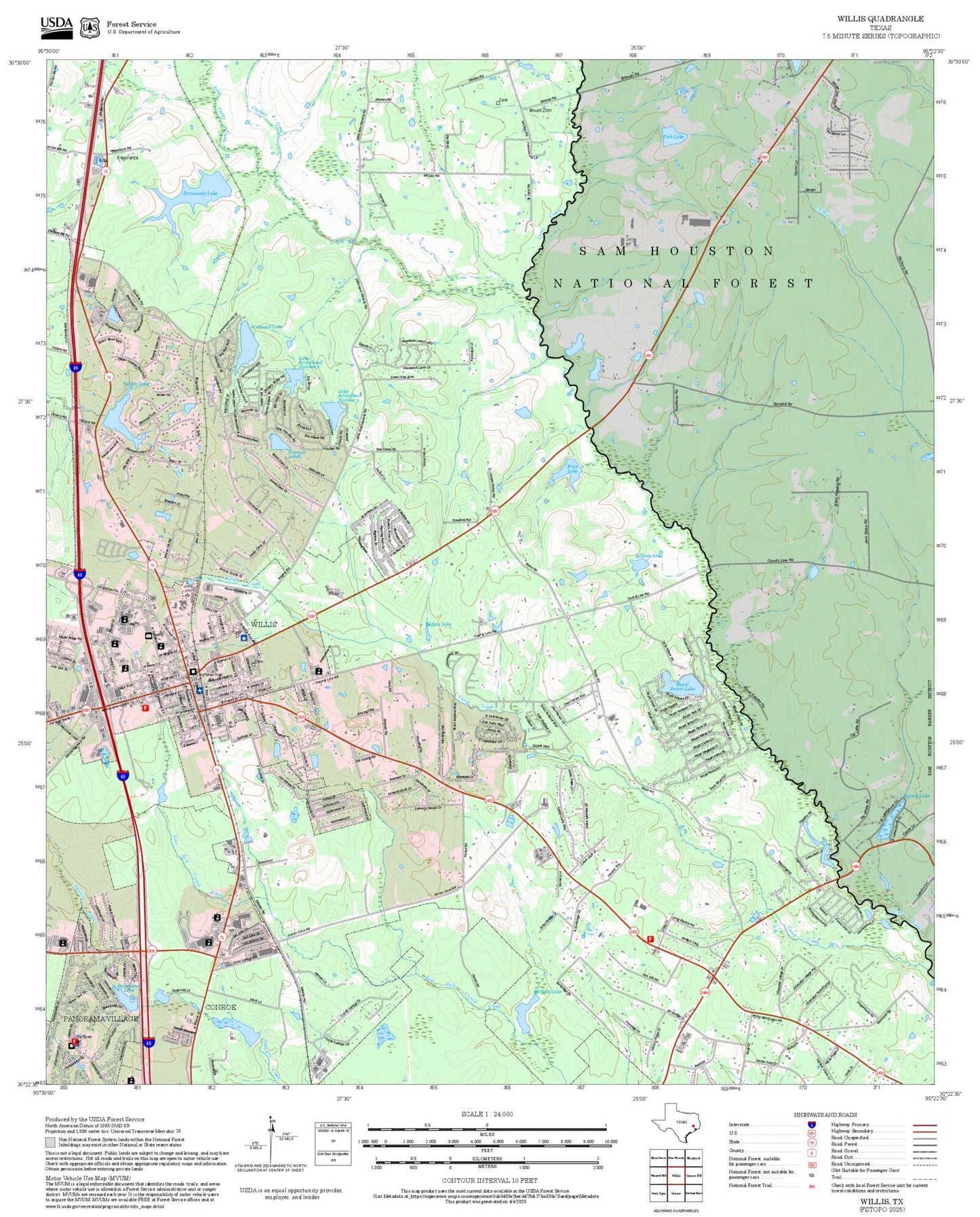2025 Forest Service Topo Map of Willis Texas