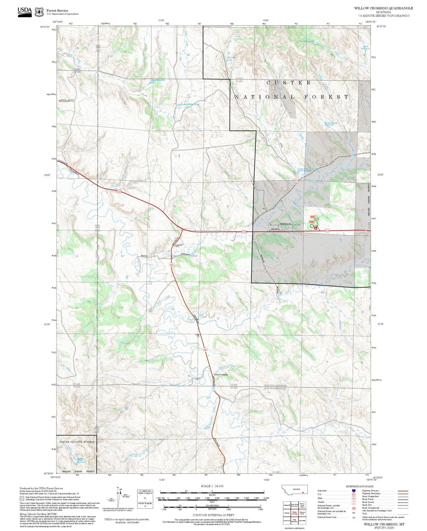 2025 Forest Service Topo Map of Willow Crossing Montana