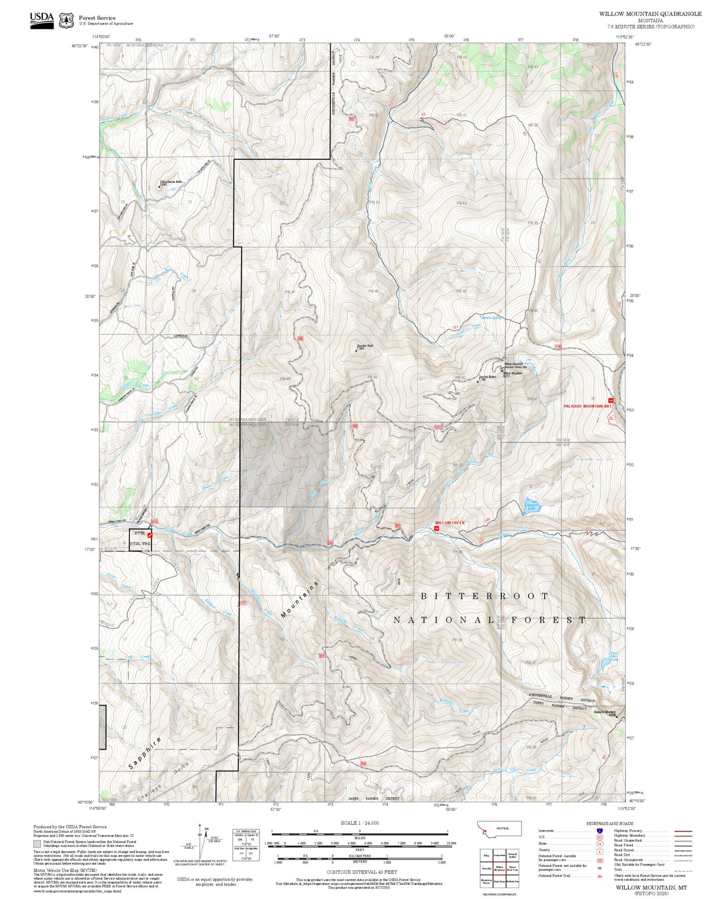 2025 Forest Service Topo Map of Willow Mountain Montana