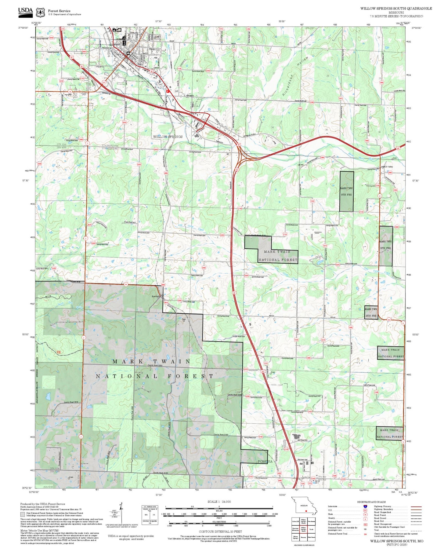 2025 Forest Service Topo Map of Willow Springs South Missouri