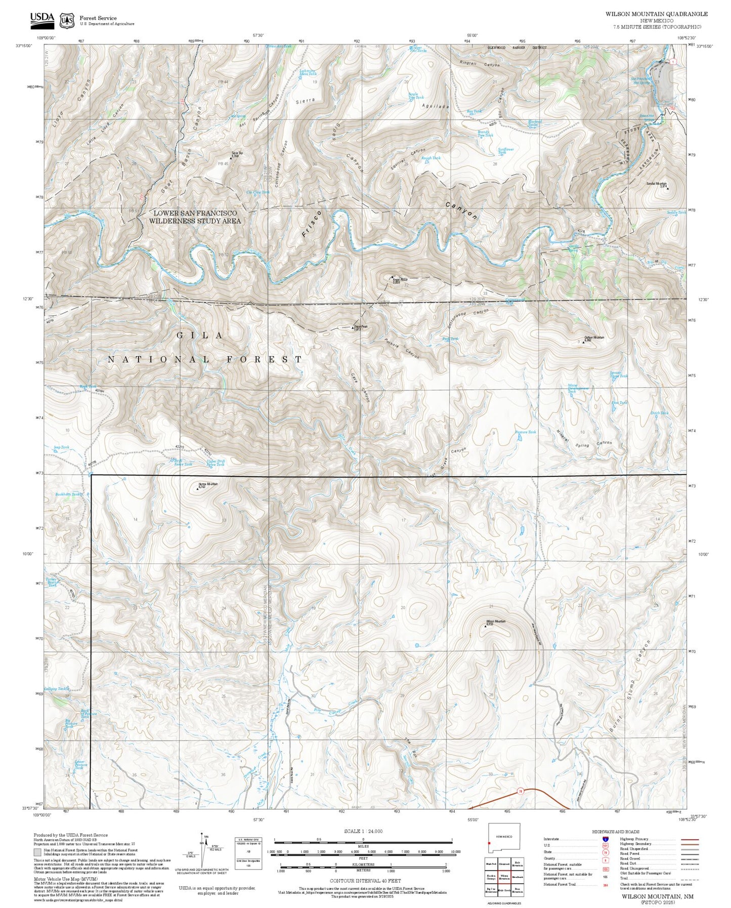 2025 Forest Service Topo Map of Wilson Mountain New Mexico