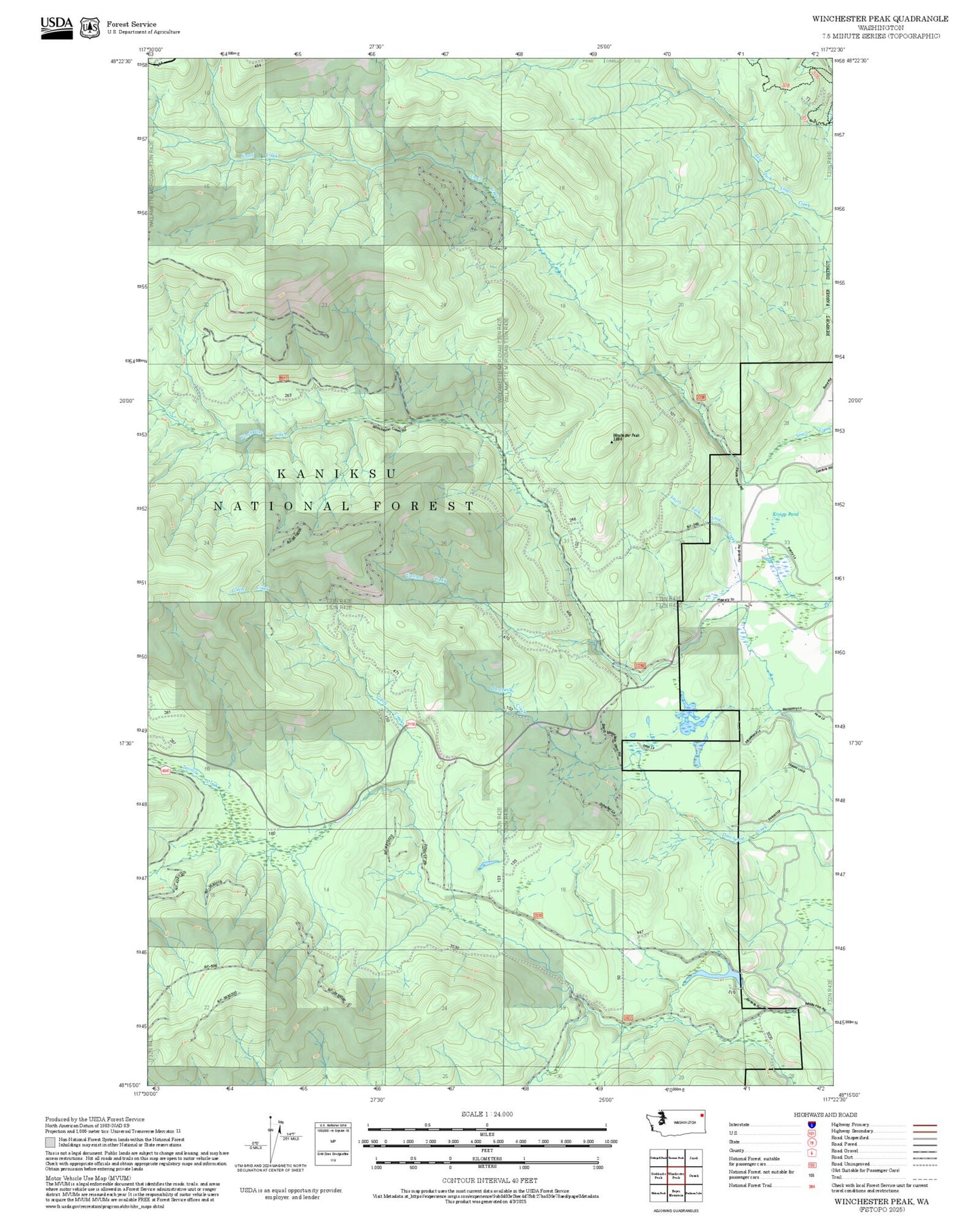 2025 Forest Service Topo Map of Winchester Peak Washington