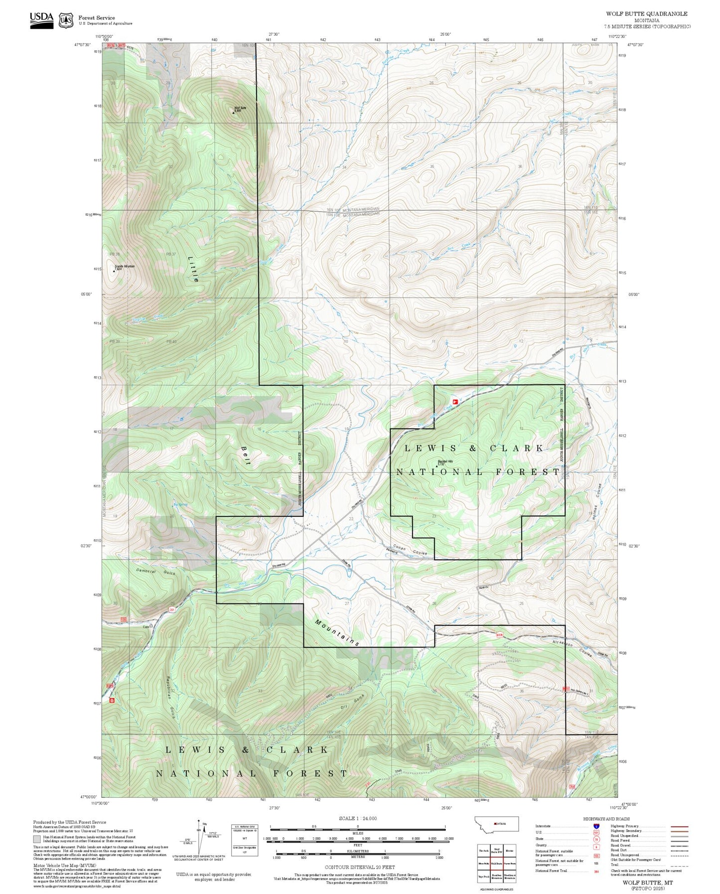 2025 Forest Service Topo Map of Wolf Butte Montana