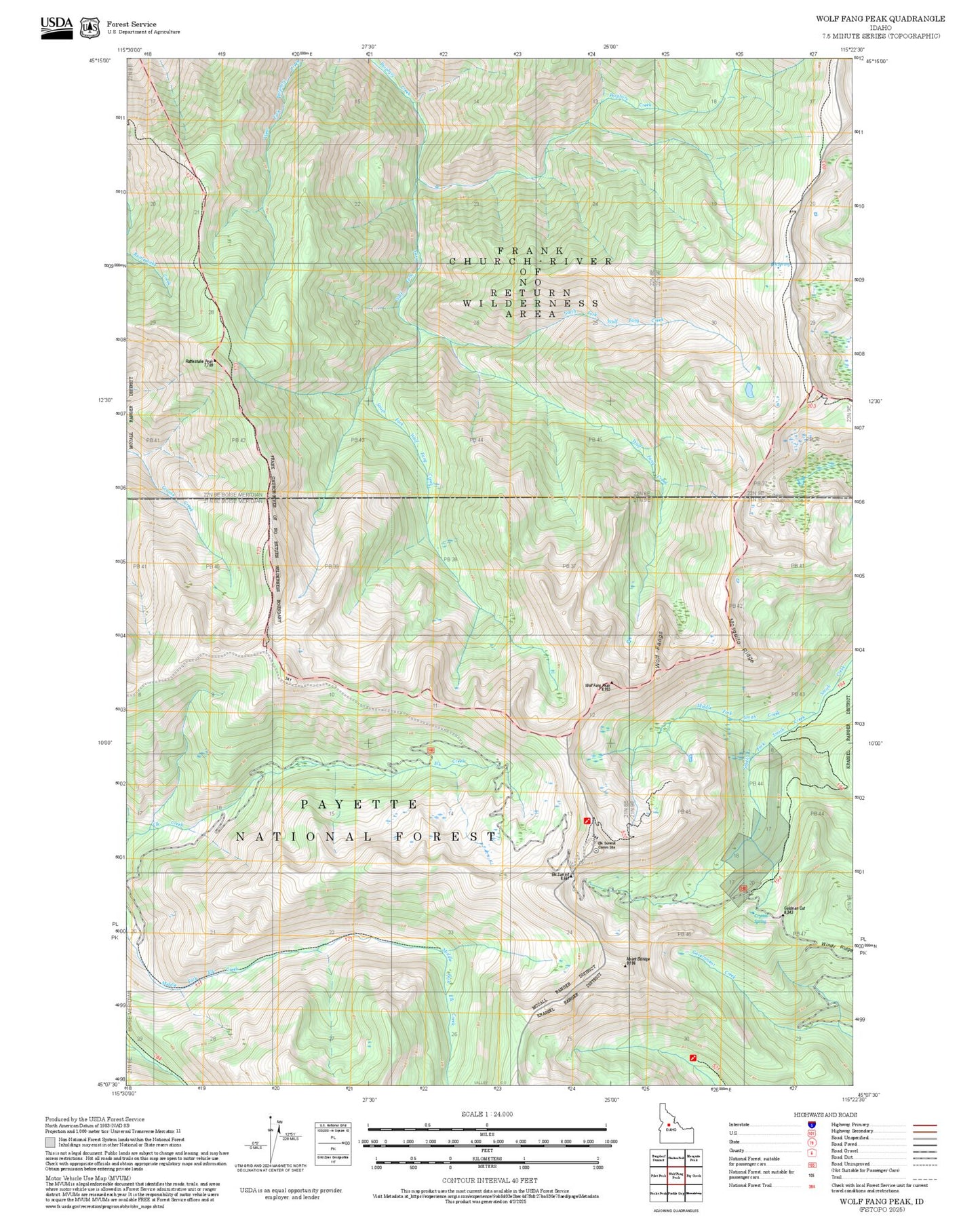 2025 Forest Service Topo Map of Wolf Fang Peak Idaho